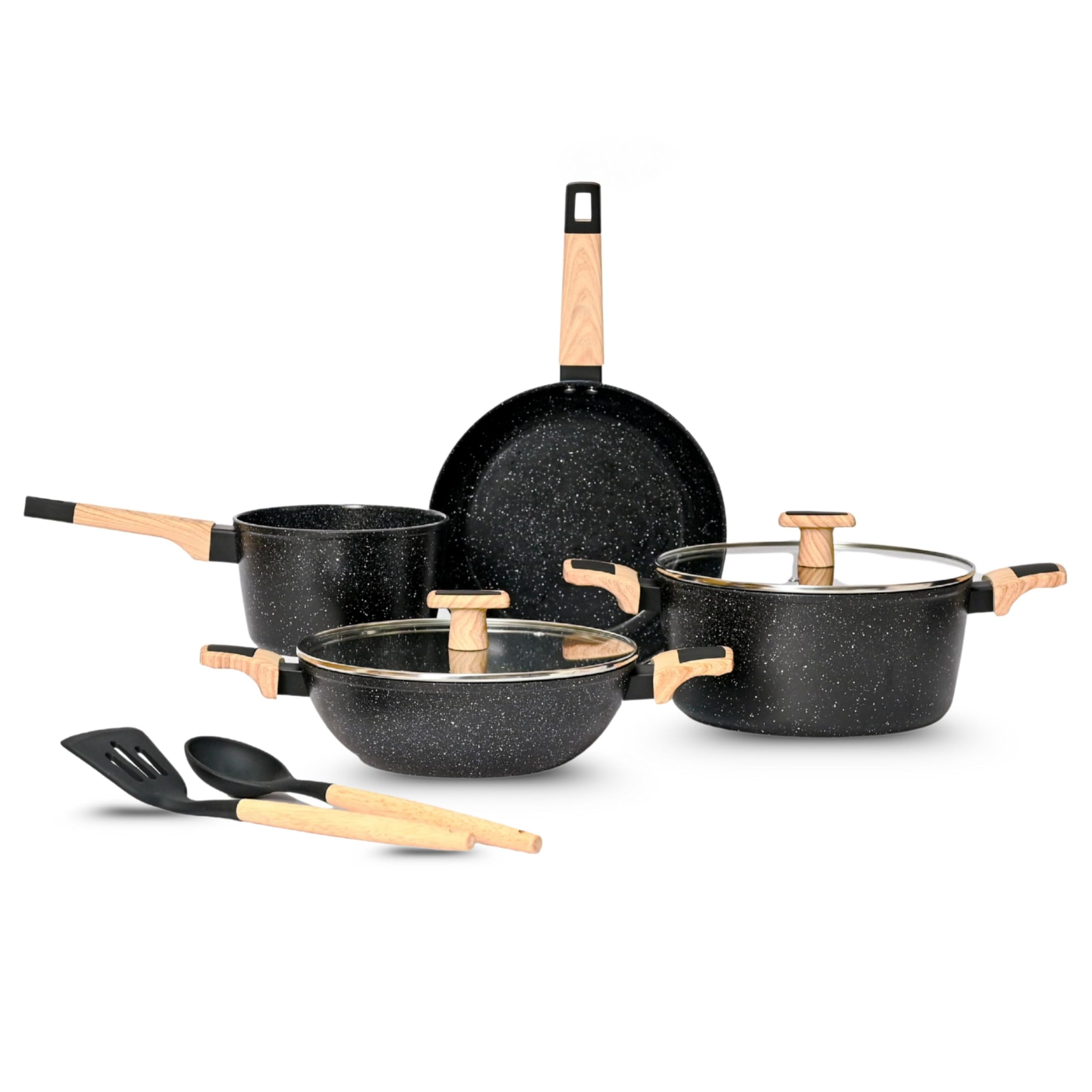 Kreme Ceracook Ceramic Coated Granite 8 Pc Cookware Gift Set Casserole, Frying Pan, Kadai, Tawa, 2 Spatulas, ISI Certified, Forged Aluminium, Gas & Induction, PFAS & PTFE Free 1 Yr Warranty, Black discount deal