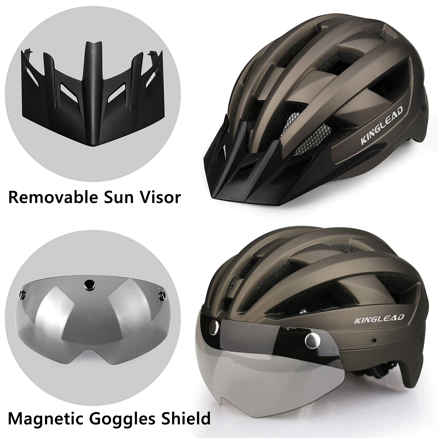 KINGLEAD Casco da Bicicletta per Adulti Uomini Donne con Luce LED Ricaricabile USB, Occhiali Magnetici e Visiera Rimovibile, Casco da Mountain Bike Casco da Ciclismo Casco da Bicicletta da Strada