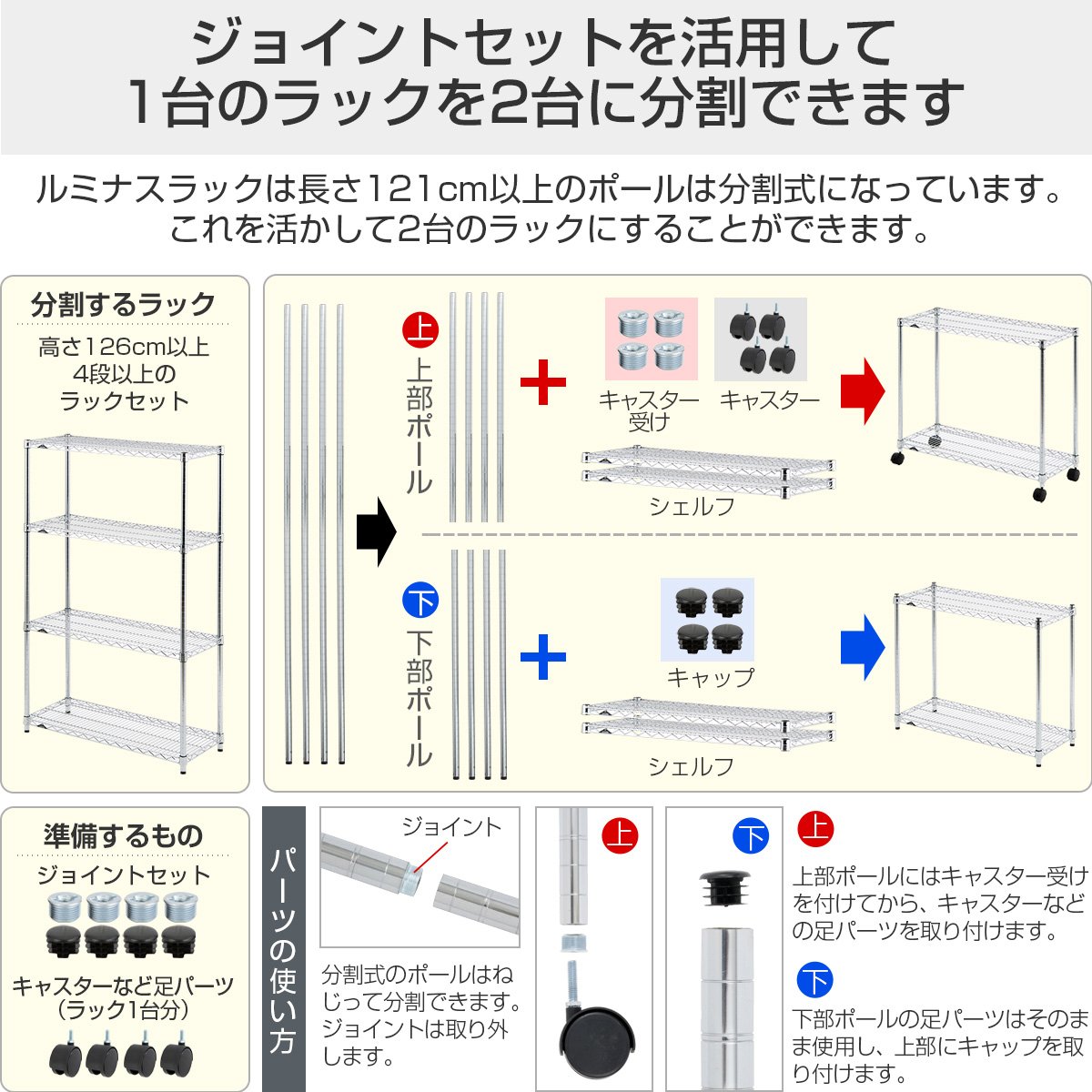 専用ページ　シングル、4連、テーブル、 メインポールの4点セットに追加ジョイント Amazon｜ドウシシャ ルミナスラック スチールラック ポール分割