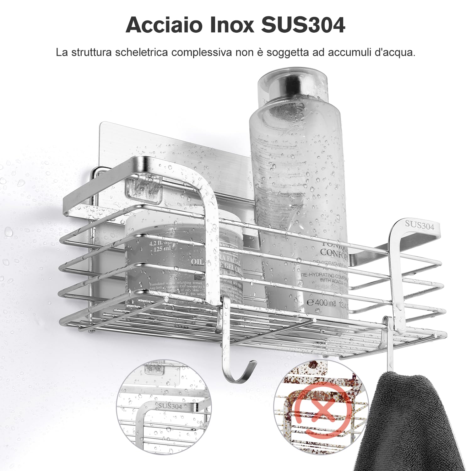 Carehabi Mensola Doccia Senza Foratura 2 Pezzi Organizer Bagno in Acciaio Inox SUS304 con 4 Ganci Mensola Senza Foratura Oggetti Bagno per Shampoo per Bagno e Cucina