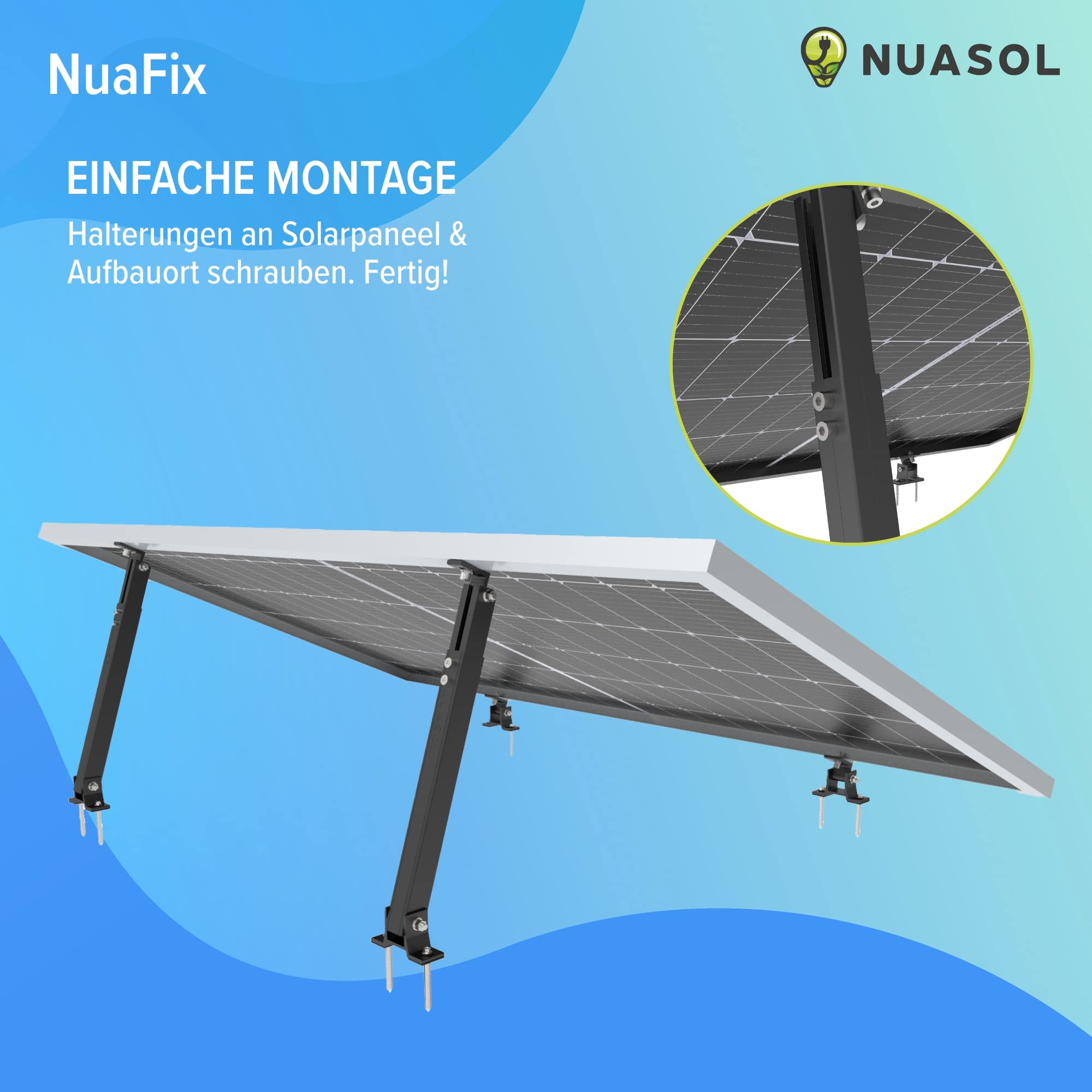 NuaSol Montageset Für Balkonkraftwerk – 4 Solarmodul-Halterungen, 15-30° Verstellbar, Für Flachdach, AL6005-T5 Aluminium, Inkl. Schrauben & Muttern (schwarz)