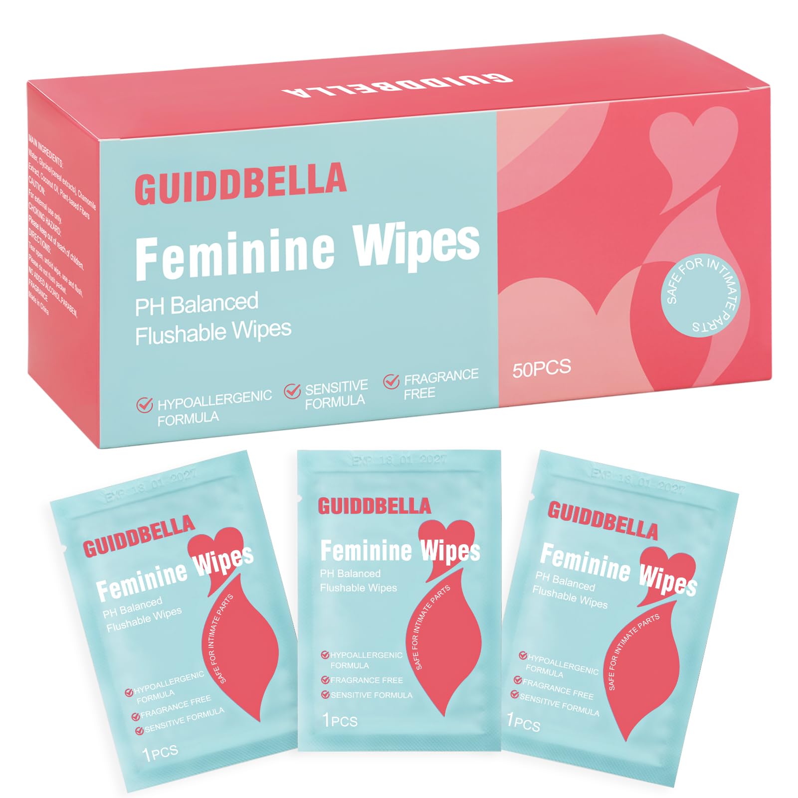GUIDDBELLA Feminine Wipes for Women - Individually Wrapped Flushable Wipes, PH-Balanced, Alcohol-Free, Unscented, Safe for Sensitive Skin (50 Count)