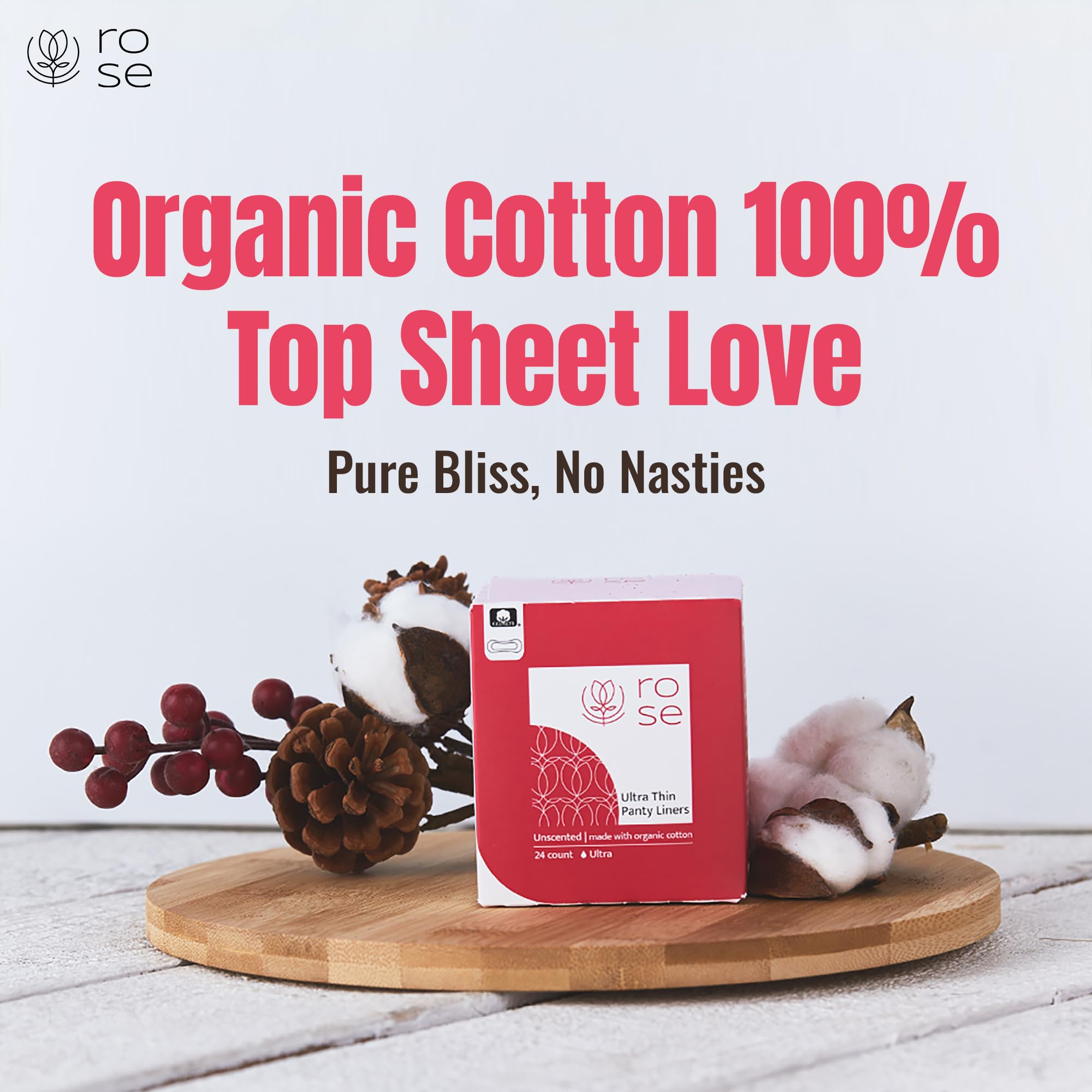Rose Organic Panty Liners - Ultra Thin, Ultra Absorbent, Organic Cotton Topsheet, Unscented - 24 Count (Pack of 4)
