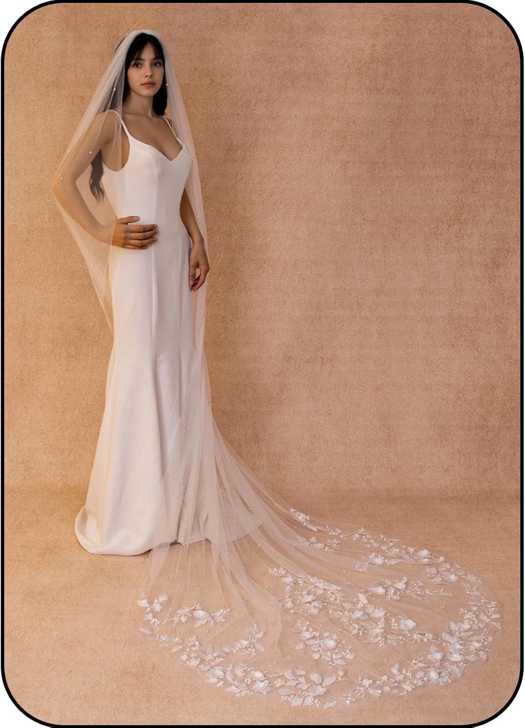 Wedding Veil Pearls Lace Flower Bridal Veils with Metal Comb,1 Tier Cathedral Length Veils for Bride Dress