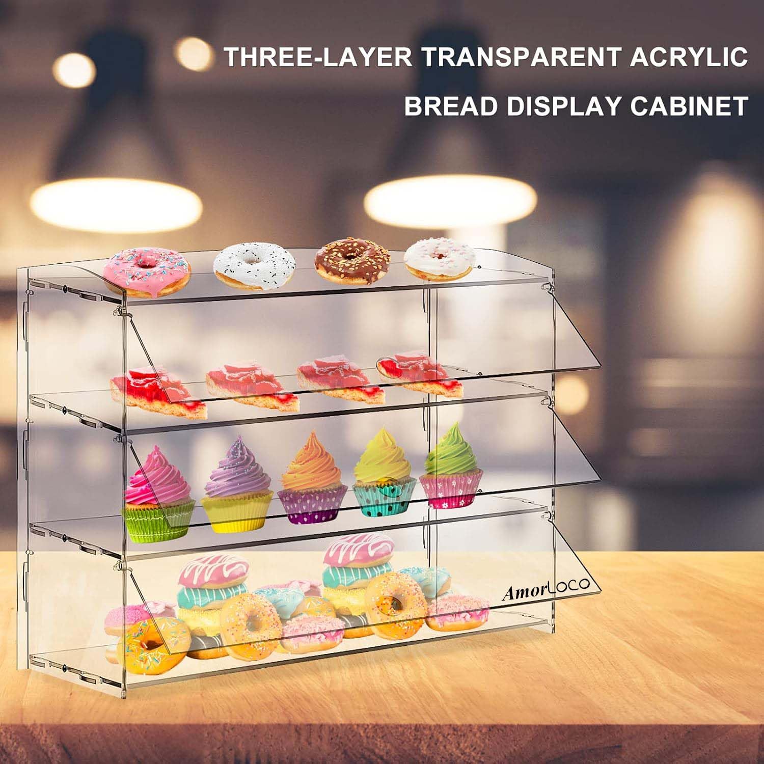 AmorLoco Vitrina 3-niveles para panadería, pastelería, vitrina acrílica transparente, gabinete comercial, sándwiches, pan, caja de donas, queso, galletas, organizador