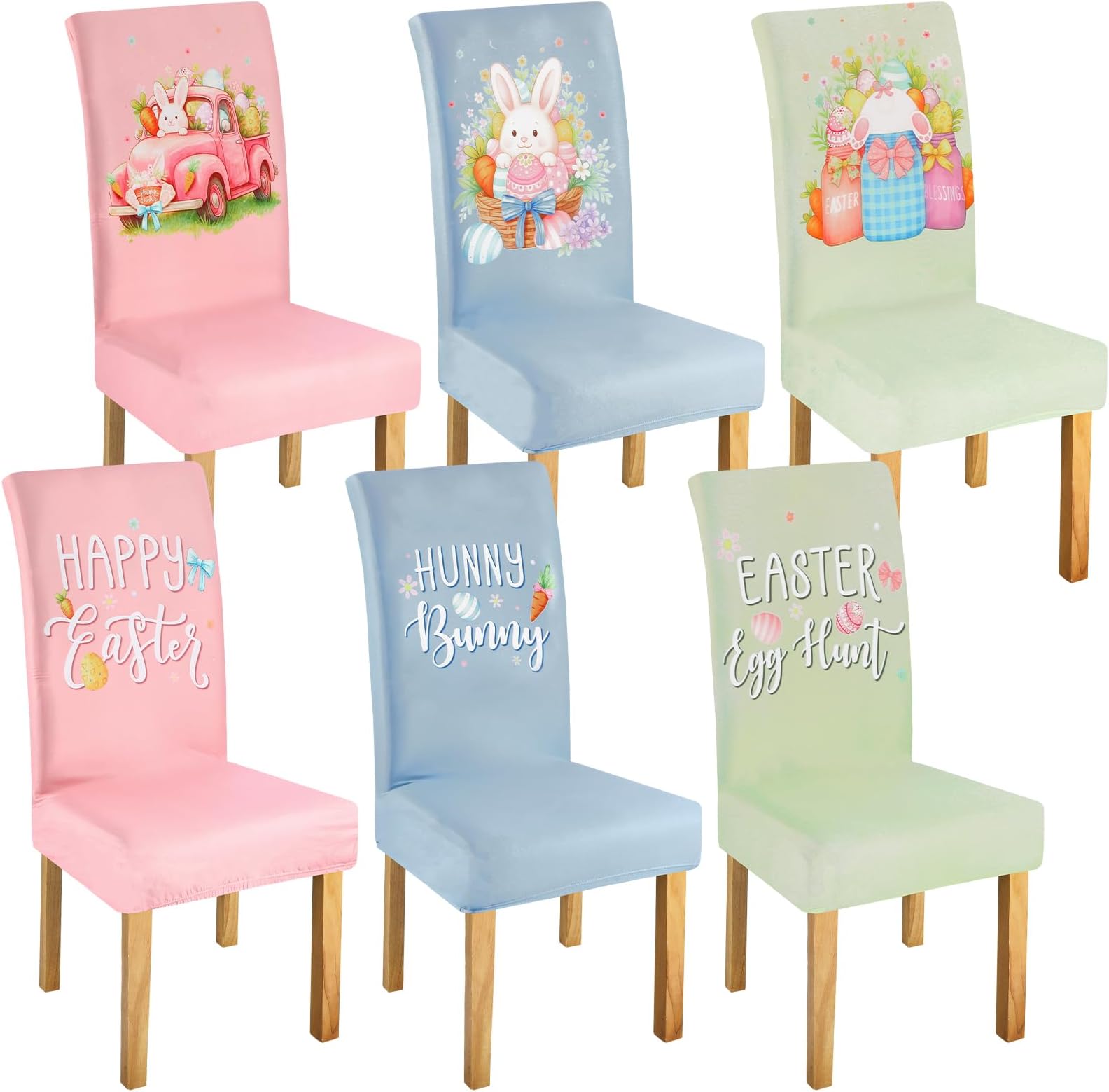 6 Pcs Easter Chair Covers Easter Eggs Bunny Dining Protector Removable Seat Covers Washable Stretch Spring Slipcovers for Hotel Restaurant Party Wedding Holiday Decor
