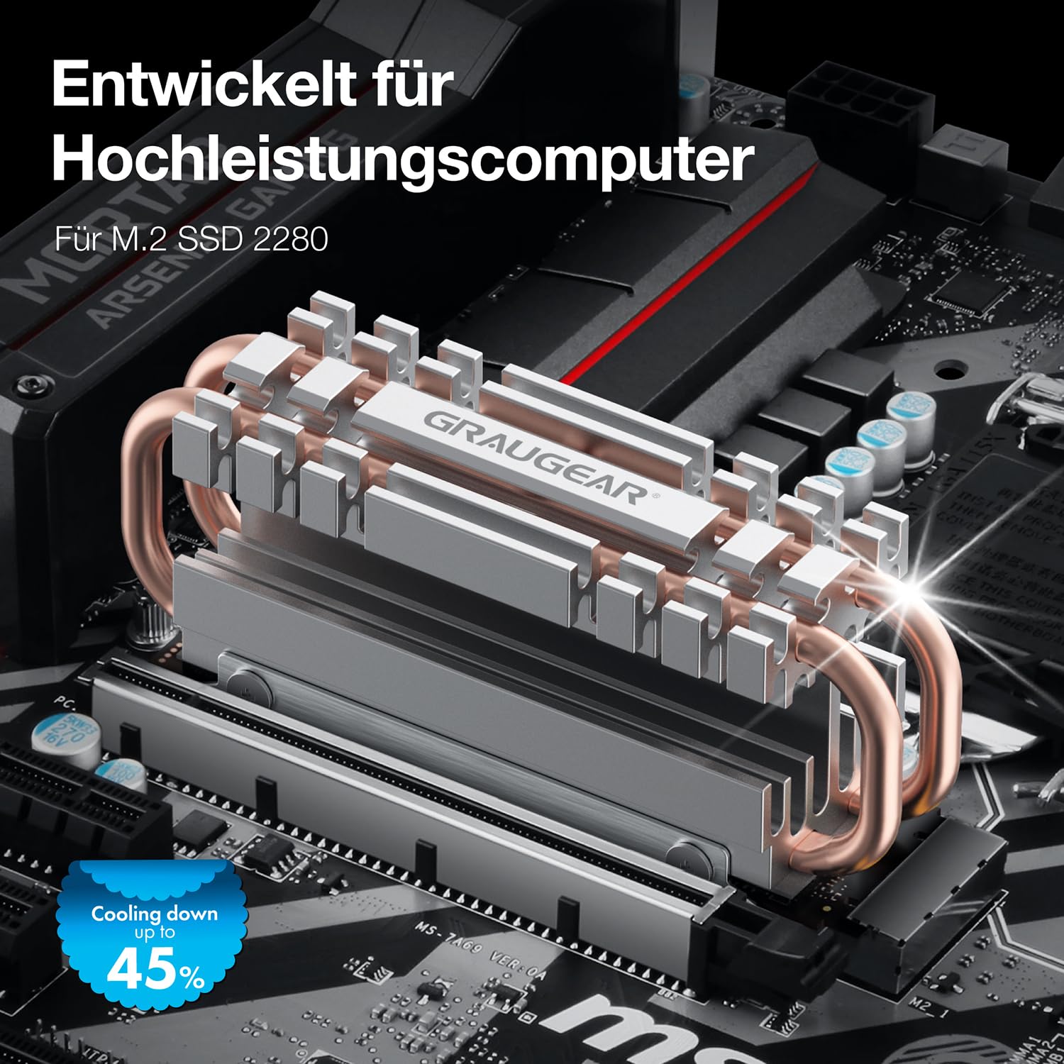 GRAUGEAR M.2 NVMe SSD (2280) Heatpipe Heatsink, Silent Cooler, Reduces Temperature by up to 45%, 4X Thermal Pads, Copper Heatpipe, G-M2HS06