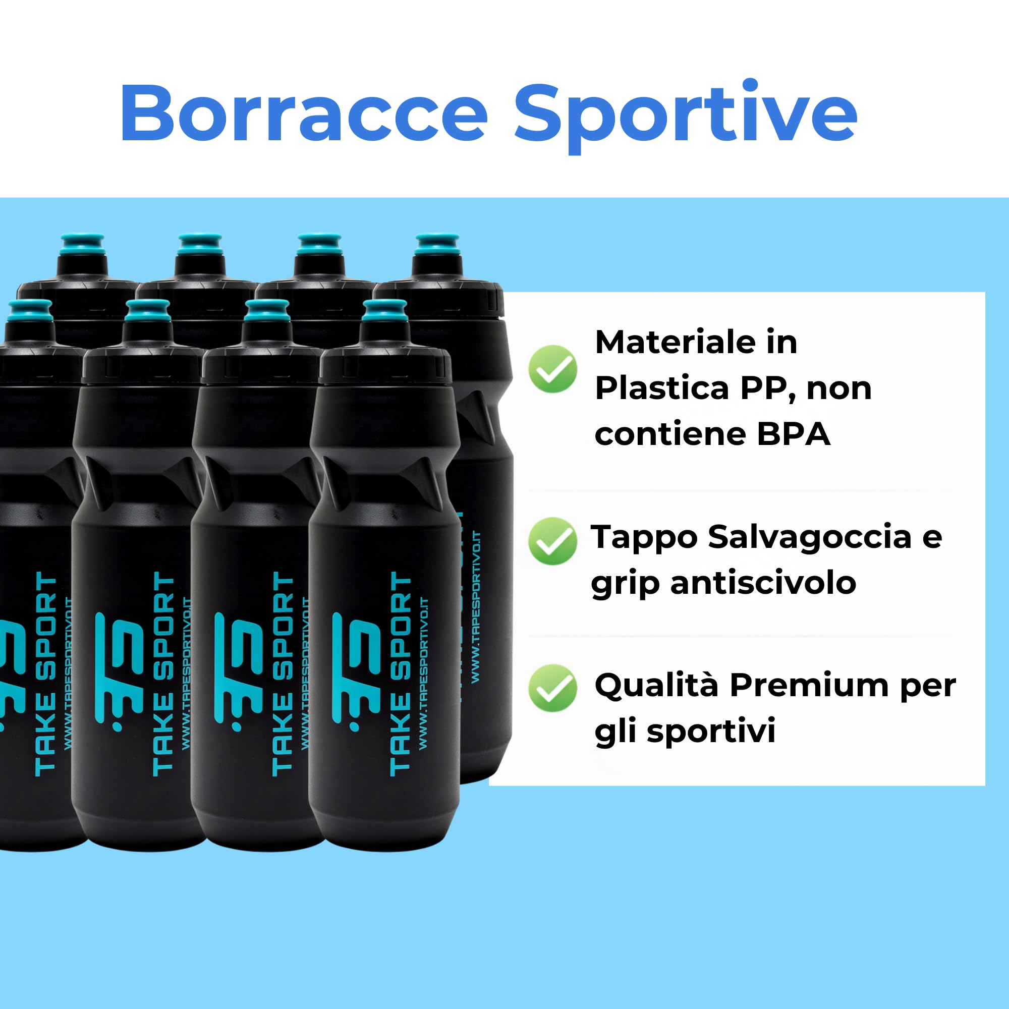 TS TAKE SPORT -Sportflasche 1 Liter aus lebensmittelechtem PP 8 Stück – Wasserflasche Fitnessstudio mit luftdichtem auslaufsicherem Deckel – Trinkflasche für Laufen, Radfahren und Team Sport