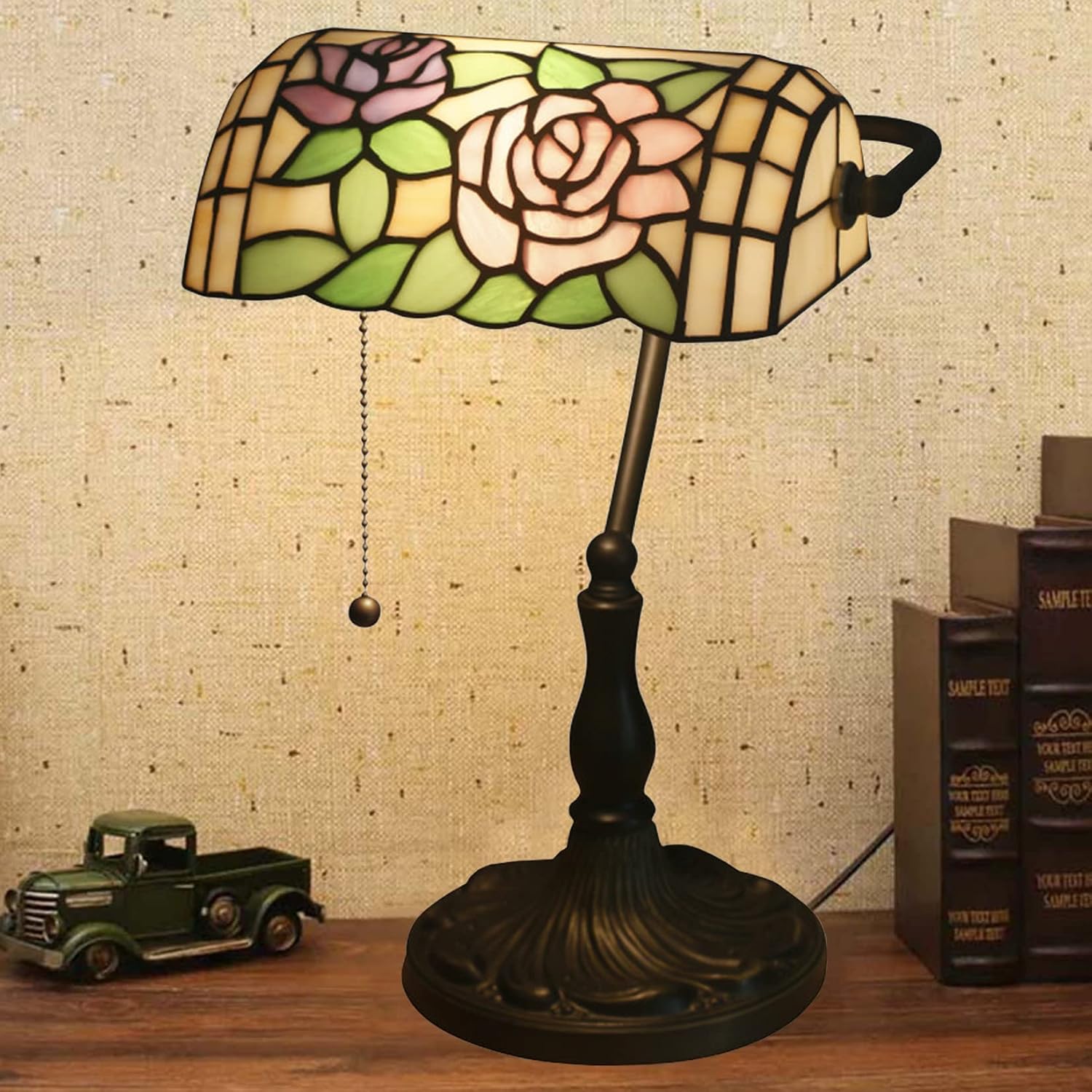 Banker Lamp Tiffany Desk Lamp Victorian Red Green Blue Rose Stained Glass Table Lamp 15" Tall Memory Adjustable Library Piano Reading Lamp Rustic Bedside Night Light for Living Room,A