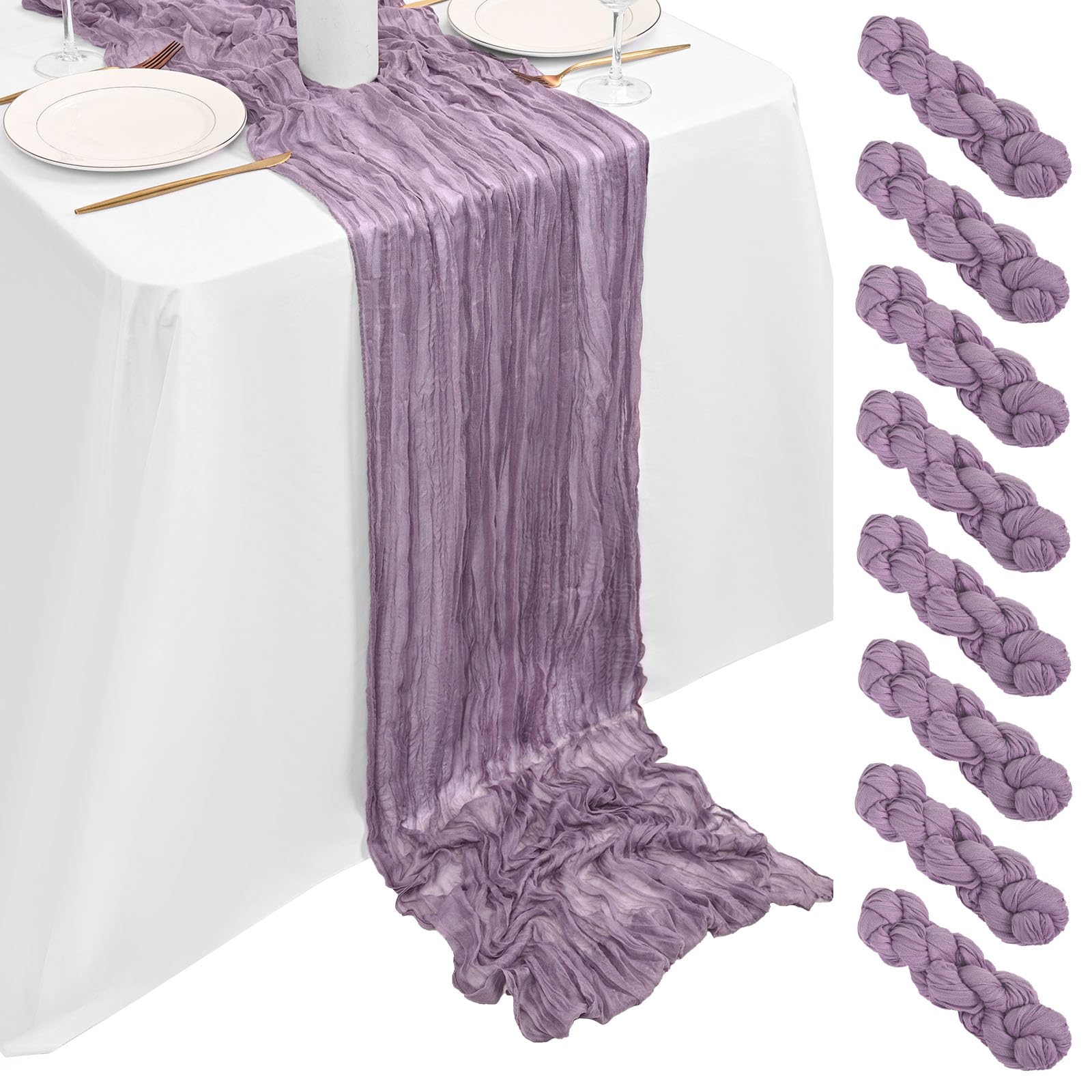 8 Pack Purple Cheesecloth Table Runner 10FT, Purple Cheese Cloth Table Runner Rustic Gauze Fabric Sheer Boho Wedding Table Decoration for Wedding Reception Bridal Shower Baby Shower(90x300cm)
