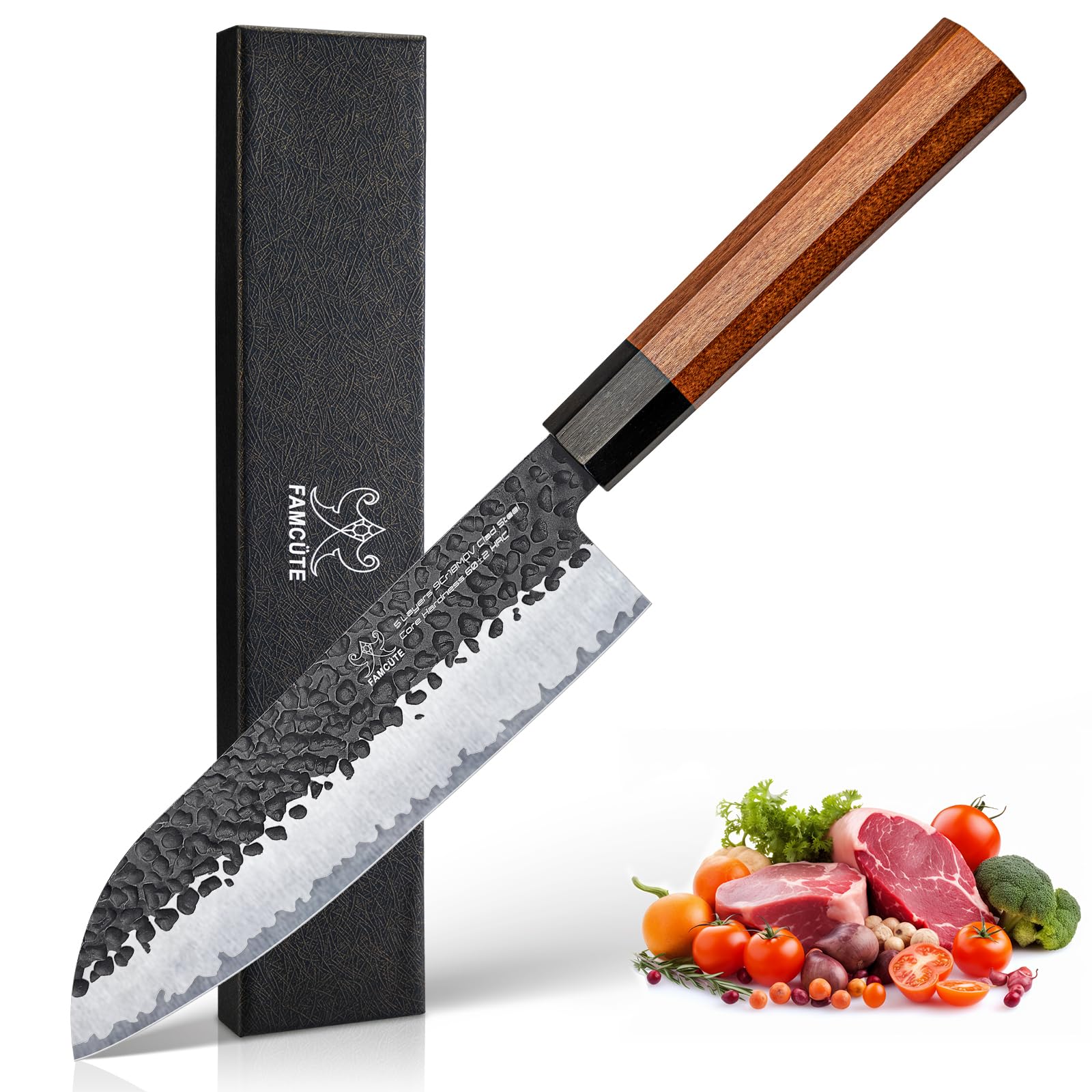 Santoku Knife 7 inch, Hand Forged 3 Layers 9CR18MOV High Carbon Steel Professional Kitchen Knife -Ultra Sharp Wood Handle Japanese Sushi Knife - Father's Day Gift
