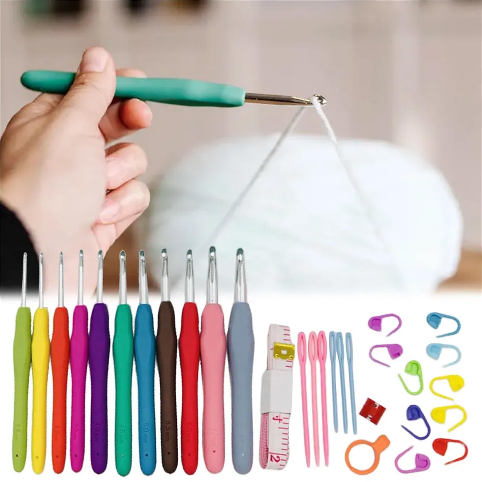 Kit Ganchillo Juego de agujas de crochet con estuche, mango ergonómico, 11 tamaños, colores surtidos(Colorful)