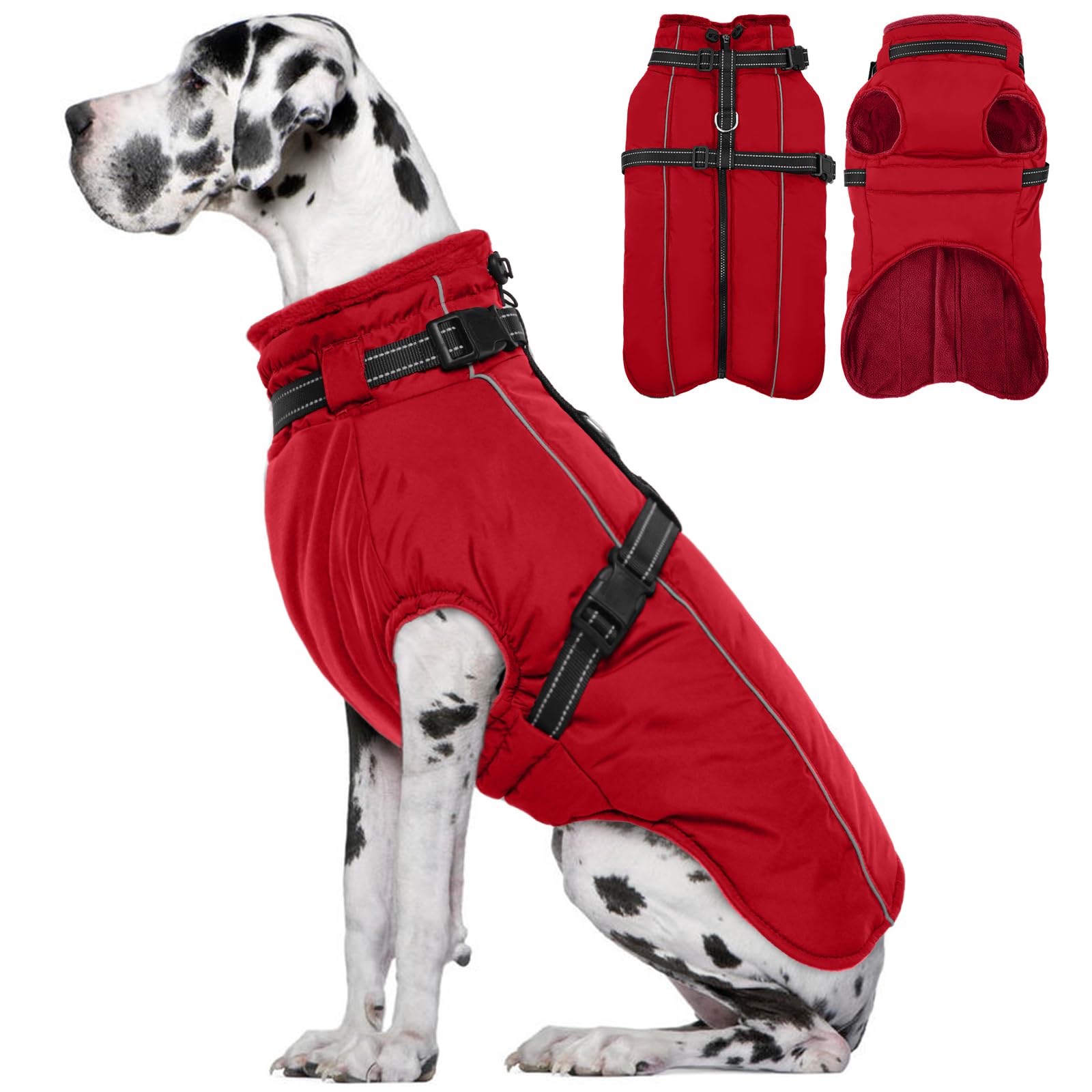 Lelepet Extra Large Dog Coat With Harness - Warm Waterproof Fleece Jacket, Winter Reflective Vest Snow Suit for Large Dogs, Weimaraner - Red 3XL