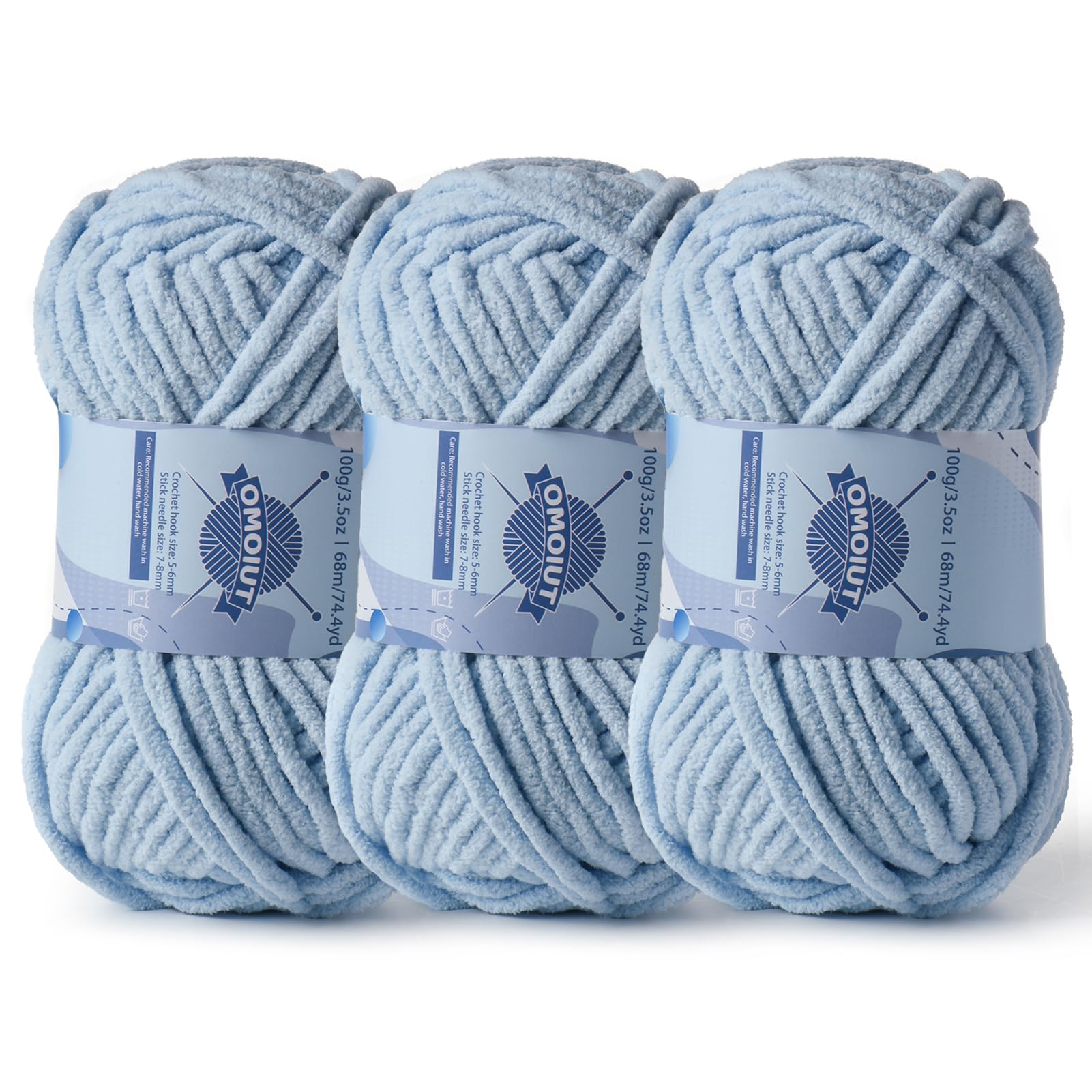 3 Pack Chunky Chenille Yarn for Crocheting, Baby Yarn for Crocheting Soft Blankets, Bulky Yarns for Crochet Amigurumi, 300g (223yds) Fluffy Velvet Yarns for Hand Knitting (3 Sky Blue)