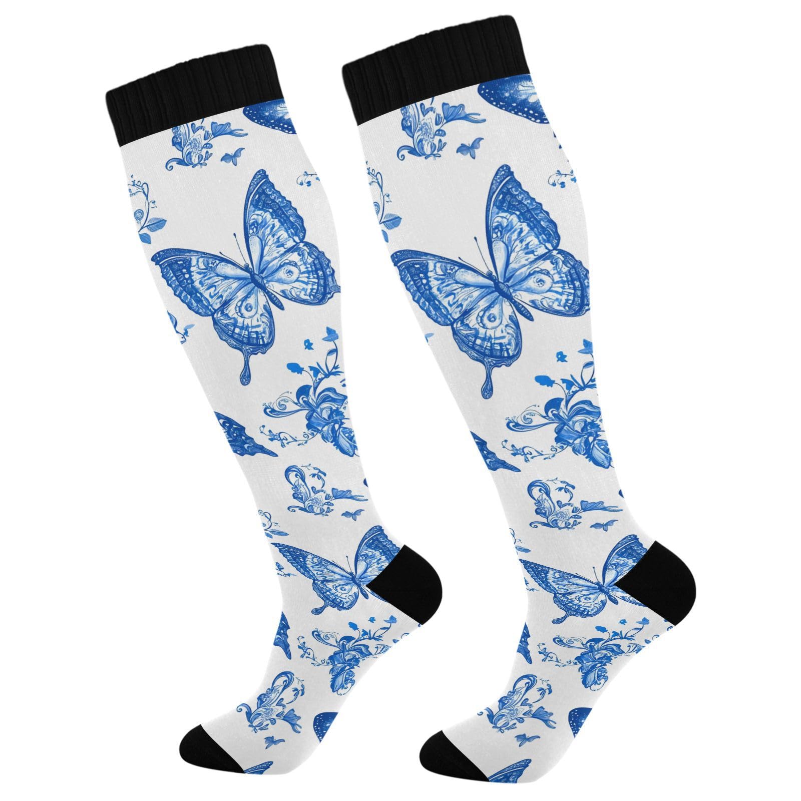 Wassud Blue Intricate Butterflies Compression Socks for Women and Men 20-30 mmHg Knee High Socks for Nurses Travel Socks 2 Pair