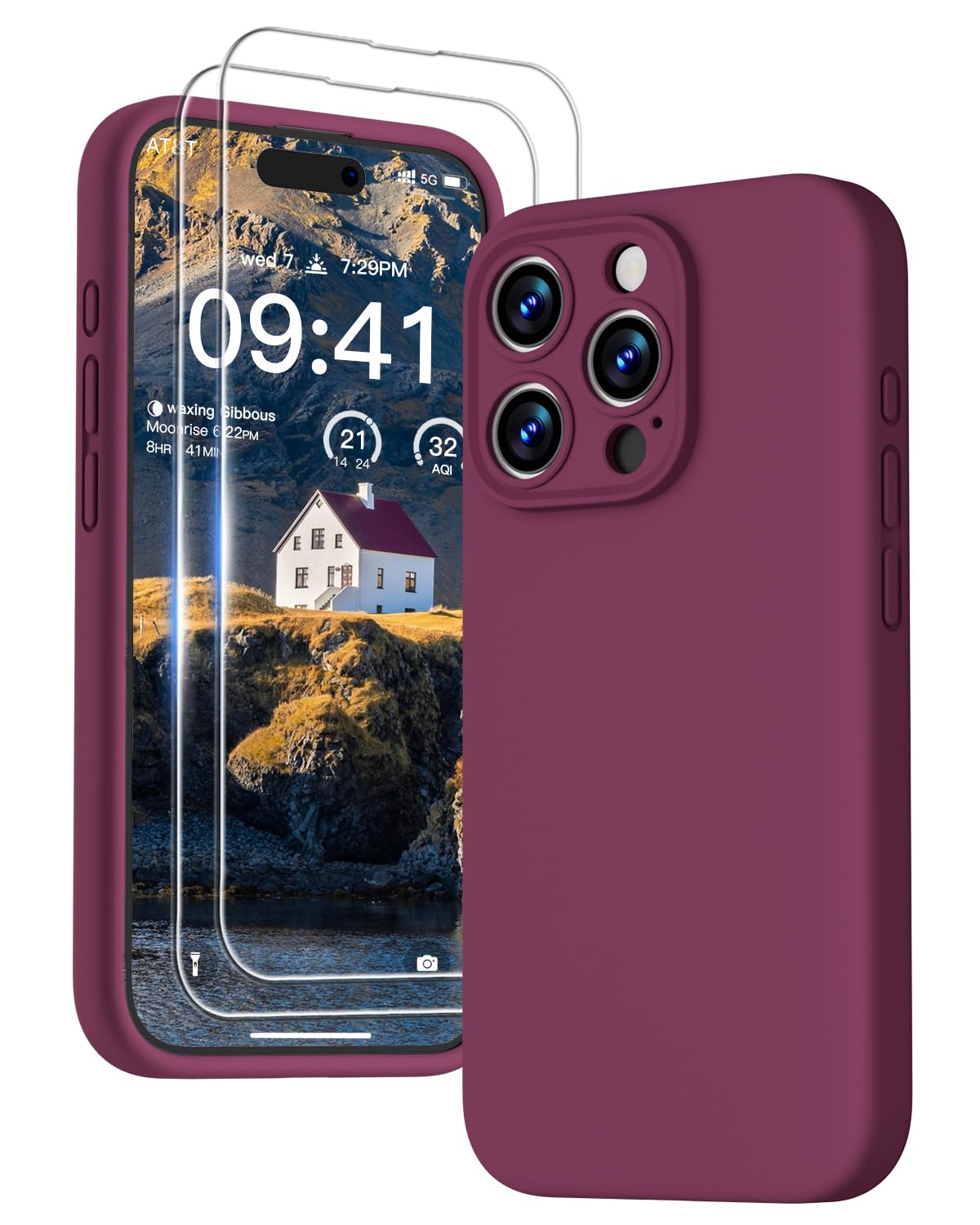 GOODVISH 3 in 1 Silicone Cover per iPhone 15 Pro Max 6.7" (2023), Custodia con 2 Pellicola Protettiva, Case per Cellulare Ultra Sottile Antiurto Resistente [Protezione Fotocamera], Vino Rosso