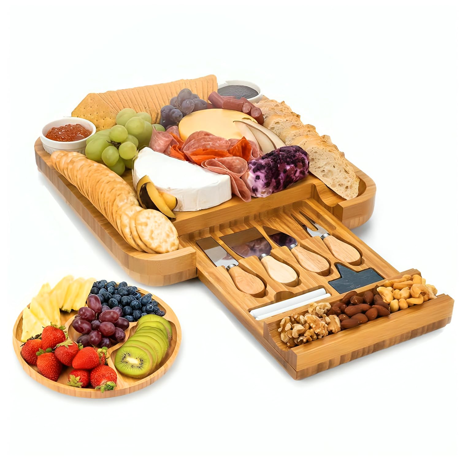 Bamboo Cheese Board with Cheese Tools, Cheese Plate Charcuterie Board Platter Set Serving Tray for Wine Cracker Brie and Meat, Large Thick Wooden Server, Fancy Housewarming Gift for Gourmets