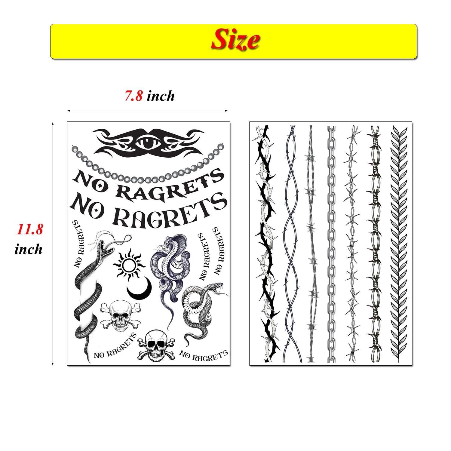 4 Sheets No Ragrets & Barbed Wire Halloween Temporary Tattoos - Image 2