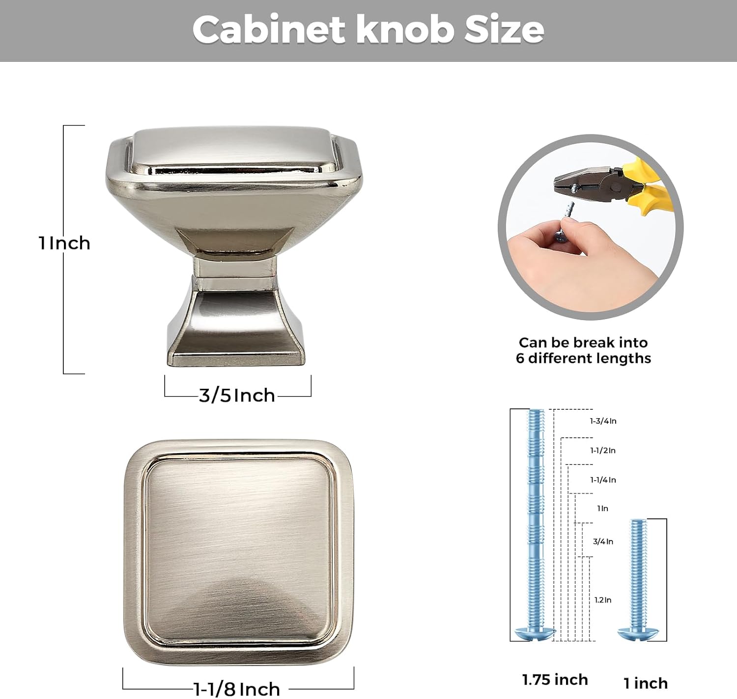 15 Pack Brushed Nickel Cabinet Knobs - 1.2" Square Drawer Knobs for Kitchen, Dresser, Cabinets - Silver Solid Hardware