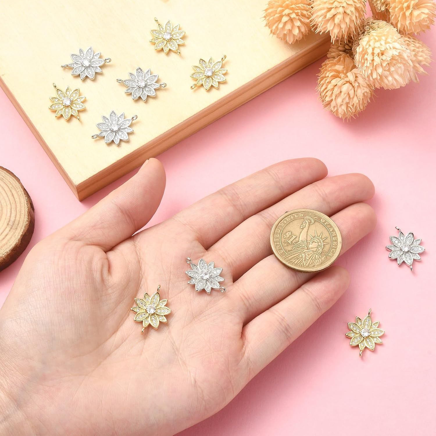 KitBeads 10pcs Random Mixed Cubic Zirconia Connectors 18k Gold Plated Flower Link Charms Flower Cubic Zirconia Connector Charms for Jewelry Making - Image 4