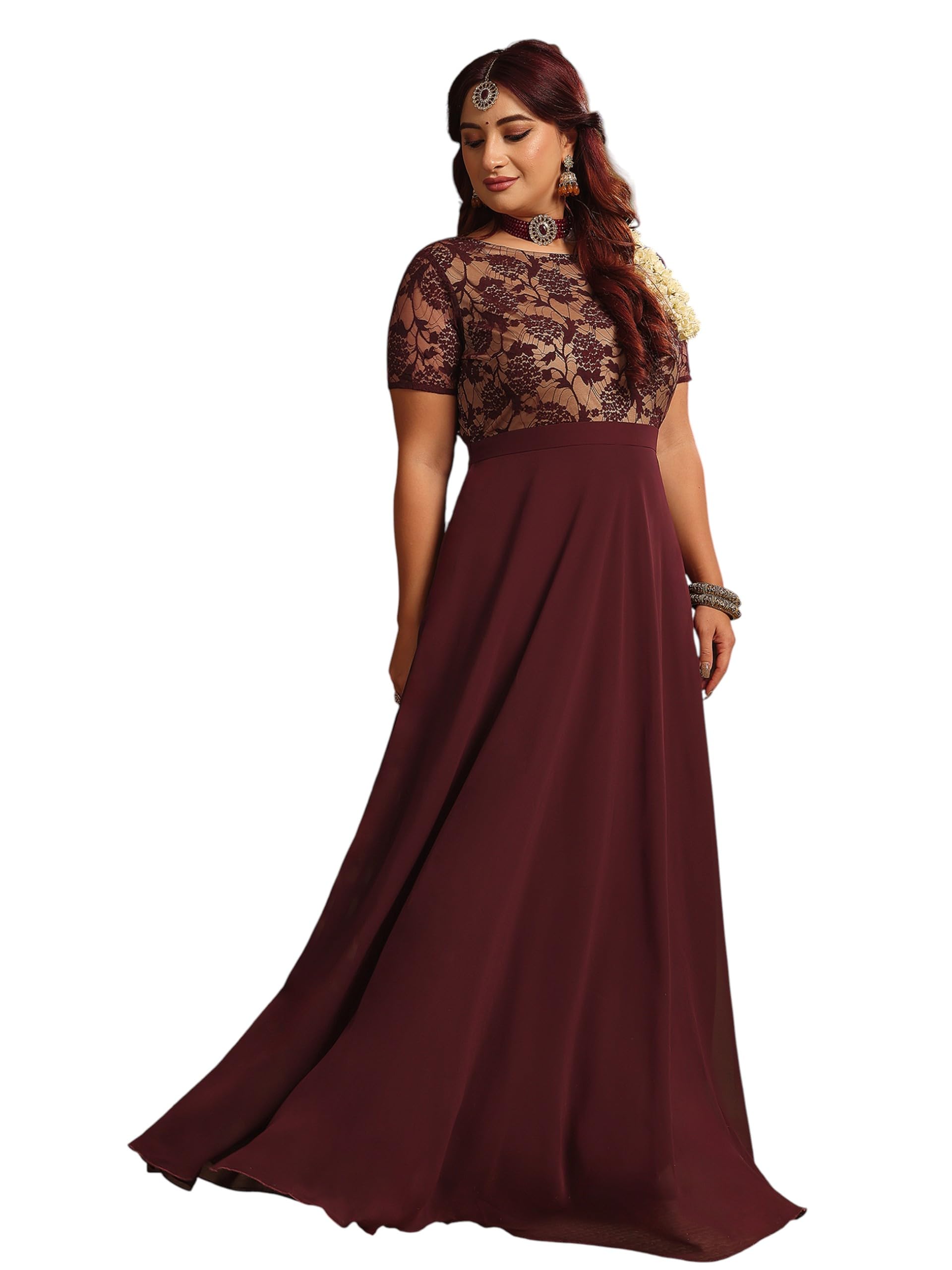 miss chase a+ Women's Self-Designed Relaxed Fit V-Neck 3/4th Sleeve Georgette and Lace Maxi Dress-picture-29