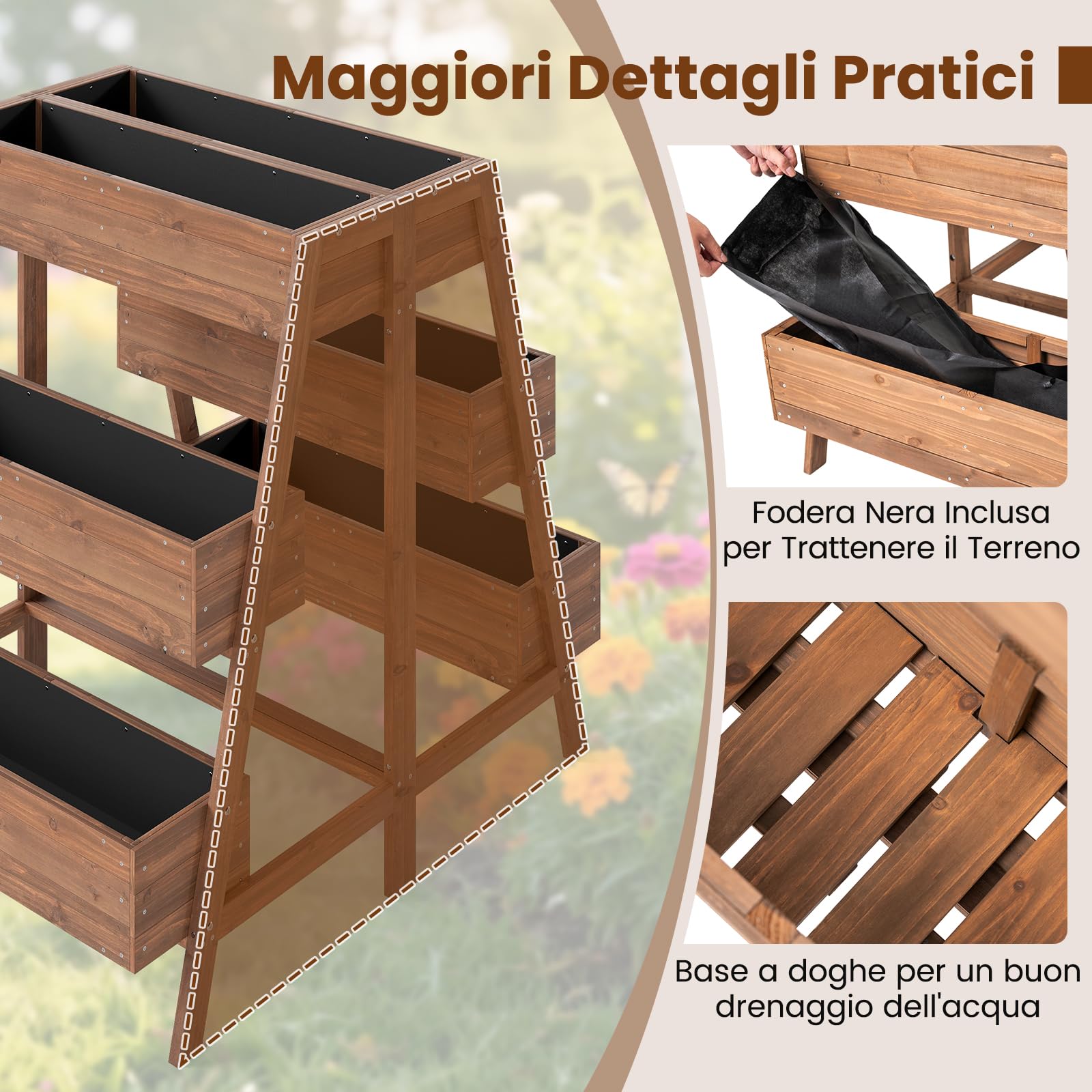 COSTWAY Orto Rialzato a 3 Livelli in Legno Massello