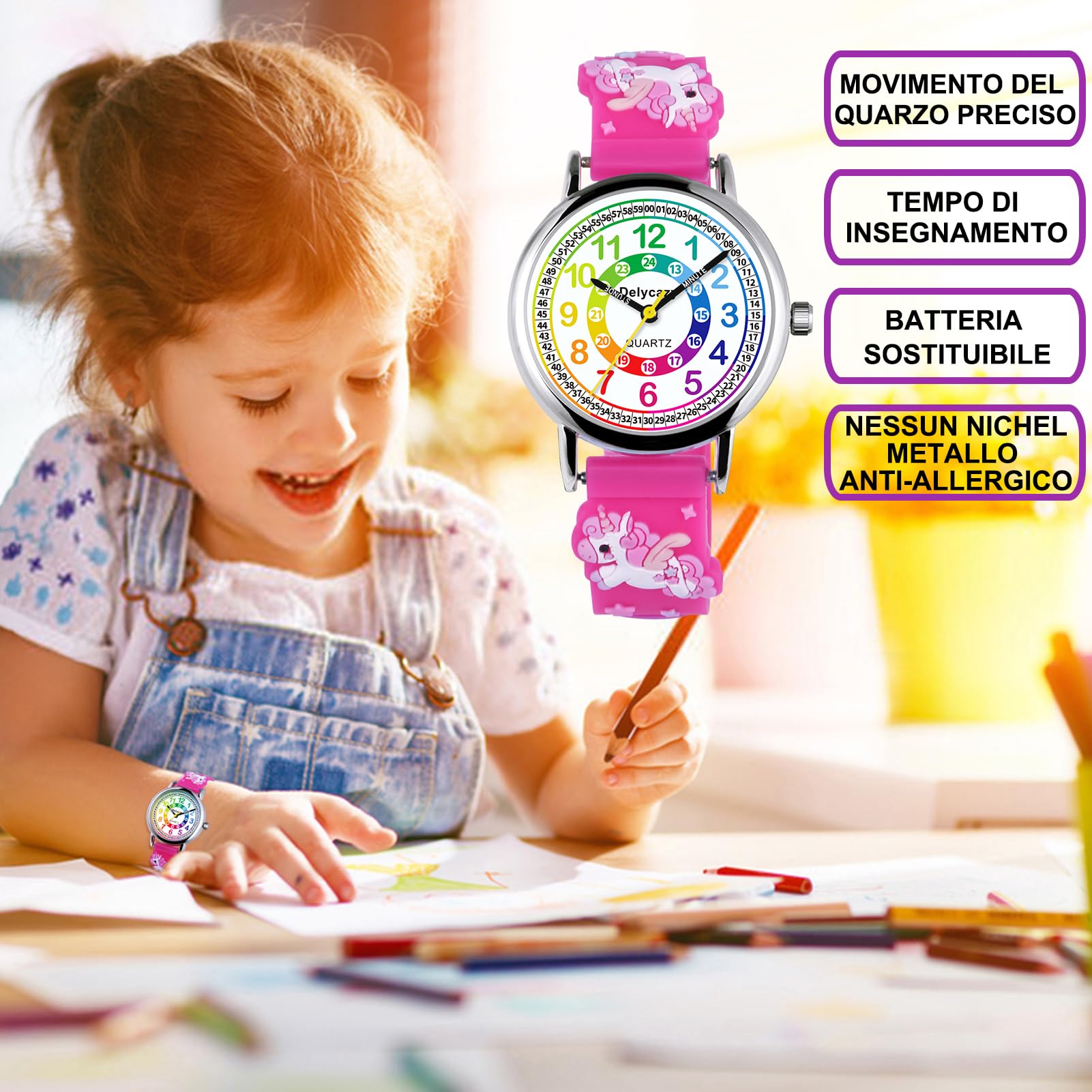 Delycazy Orologio Bambina Bambino, 12 e 24 Orario Movimento al Quarzo Orologio per Bambini, Regalo per Ragazze Ragazzi 4 5 6 7 8 9 10 Anni
