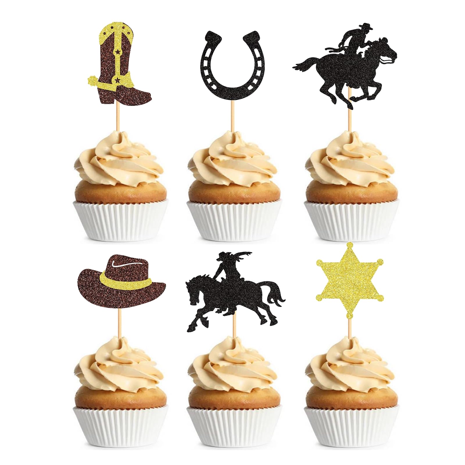 30Pcs Cowboy Cupcake Toppers Horse Hat boot Shooting Glitter Cowboy Theme Cake Toppers Decorations for Western Theme Birthday Party Baby Shower Supplies — image 1