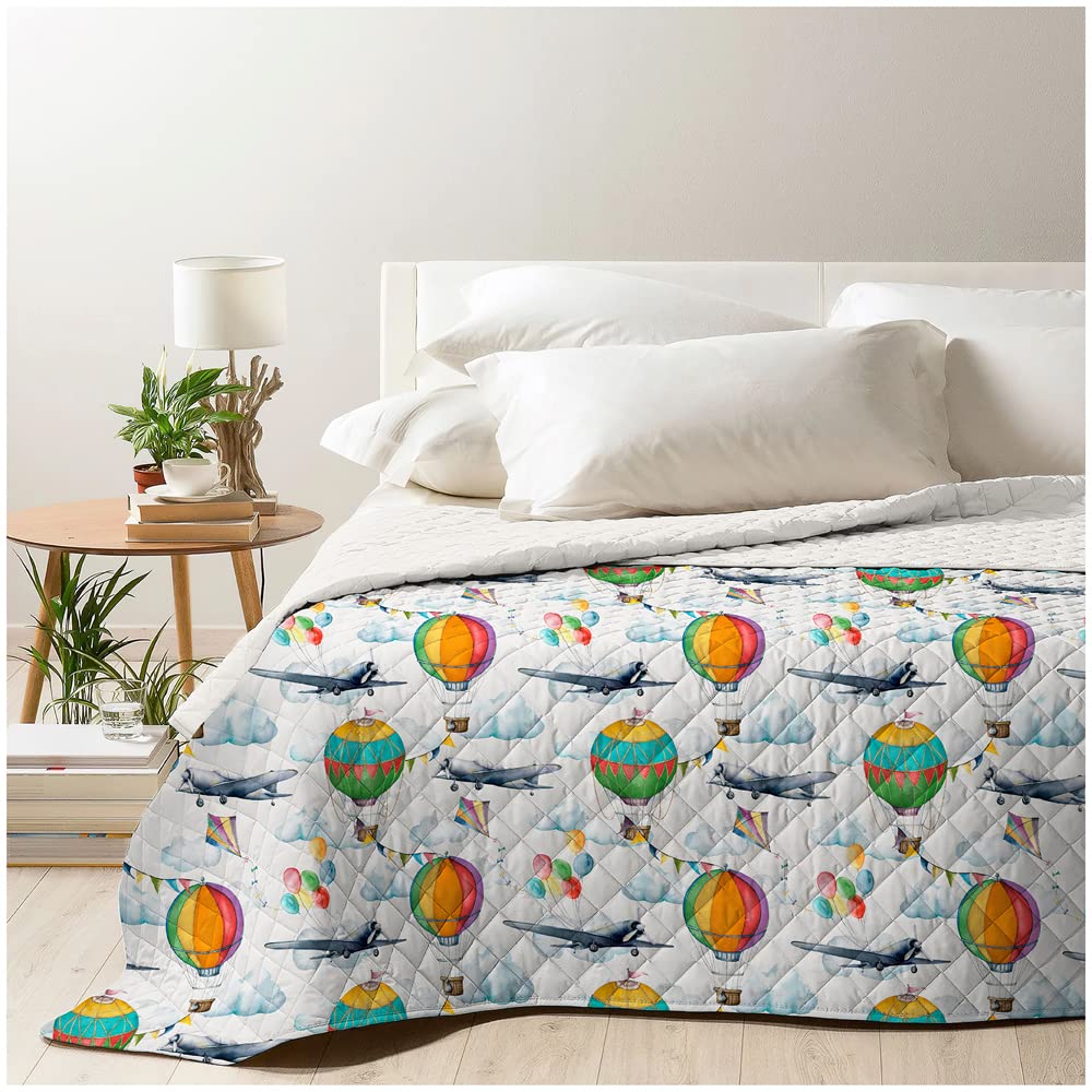 INTRECCI Copriletto Trapuntino Matrimoniale Primaverile Estivo Made in Italy, Trapuntino Copriletto 2 Piazze Mongolfiere Palloncini Trapunta Primavera Estate Duck Friendly 260x260 cm