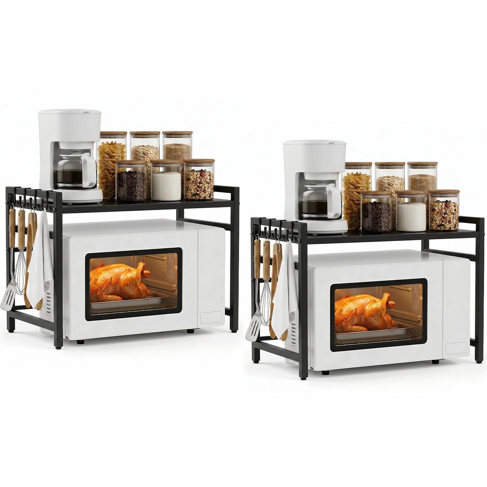 ALANNG Mikrowellen Regal, Mikrowellenregal Küche Arbeitsplatte, Küchenregal Stehend für Backofen/Kaffeemaschine, Stabile Microwave Stand mit 6 Haken