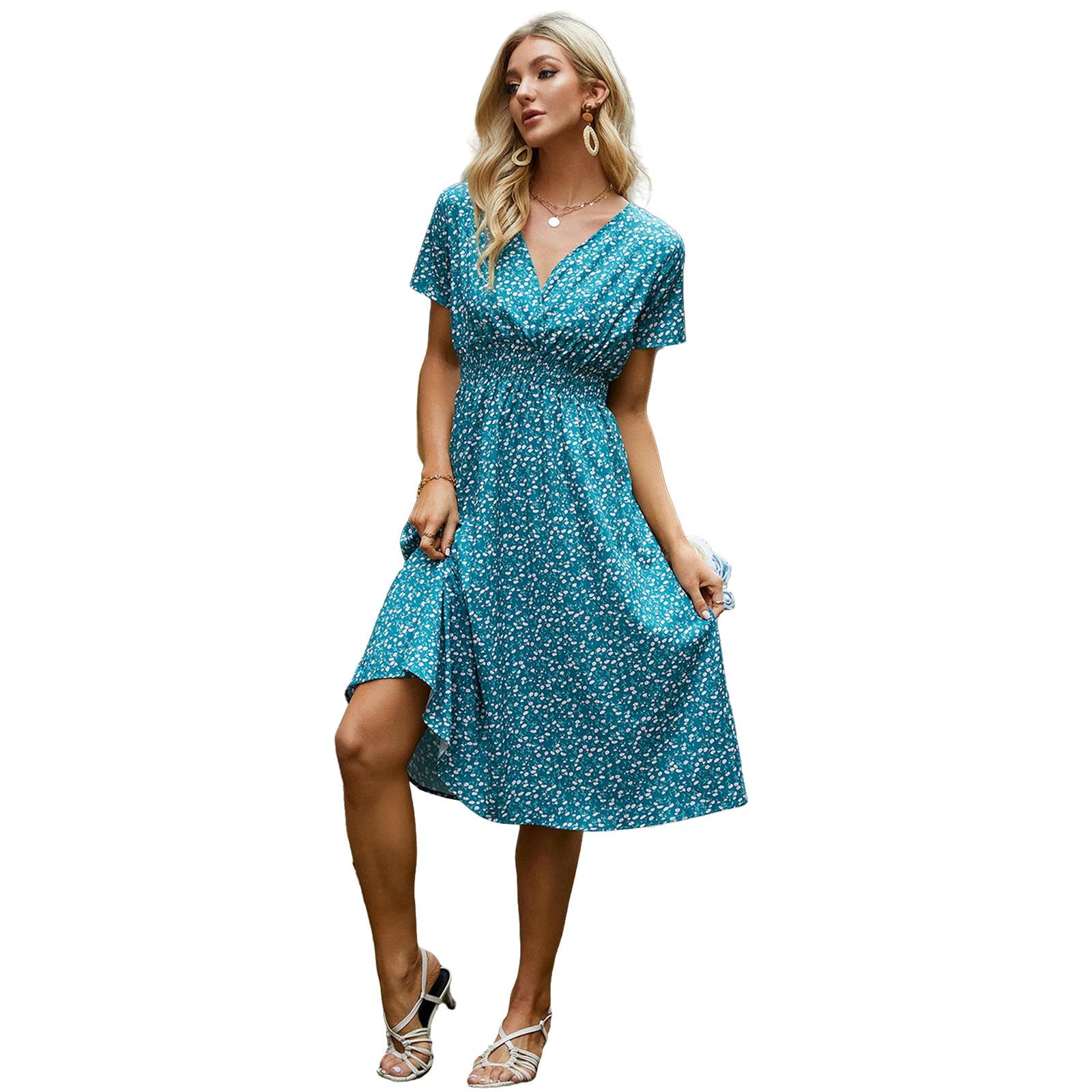 Ropa de Verano para Mujeres Ropa de Verano Flores de Manga Corta Vestidos de Tirantes de Cuello V Vestidos de Mujer Casual Hasta la Rodilla, HUTALIM, Verde oscuro, s