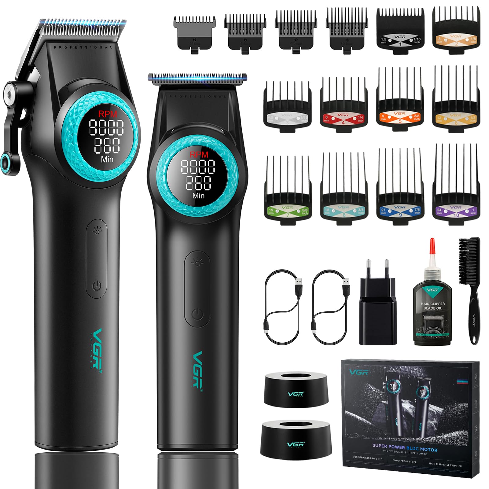 VGR 001 & 977 Tagliacapelli Uomo Professionale, Set Macchinetta per Capelli e Trimmer Zero Gap Senza Fili, Kit Barbiere con Lama DLC e Luce LED Spot, Ricarica USB con Base di Ricarica, Nero