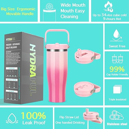 Miniatura 6 de Hydraful Vaso de 50 onzas con asa abatible, botella de agua aislada al vacío a prueba de fugas, cabe en portavasos para hogar, exteriores, taza de