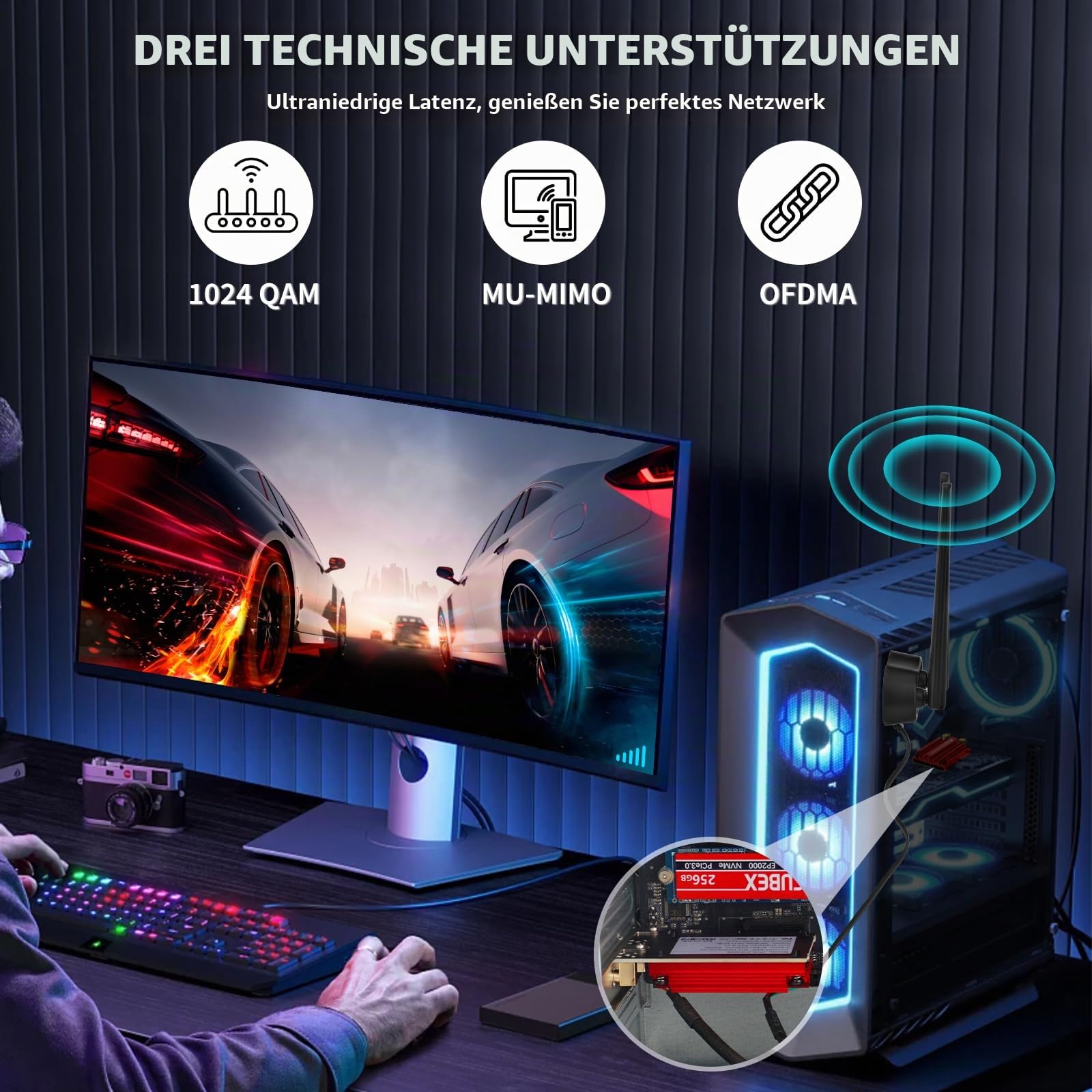 Eightwood WLAN Karte WiFi 6E Intel AX210 Bluetooth 5.3 WLAN Netzwerkkarte WLAN PCI-E Karte 6G/5G/2.4G Tri Band WiFi 6E Karte 5374 mbit/s mit Wi-Fi 6E Antenne + CD für PC Windows 11/10 (64 bit) Laptop