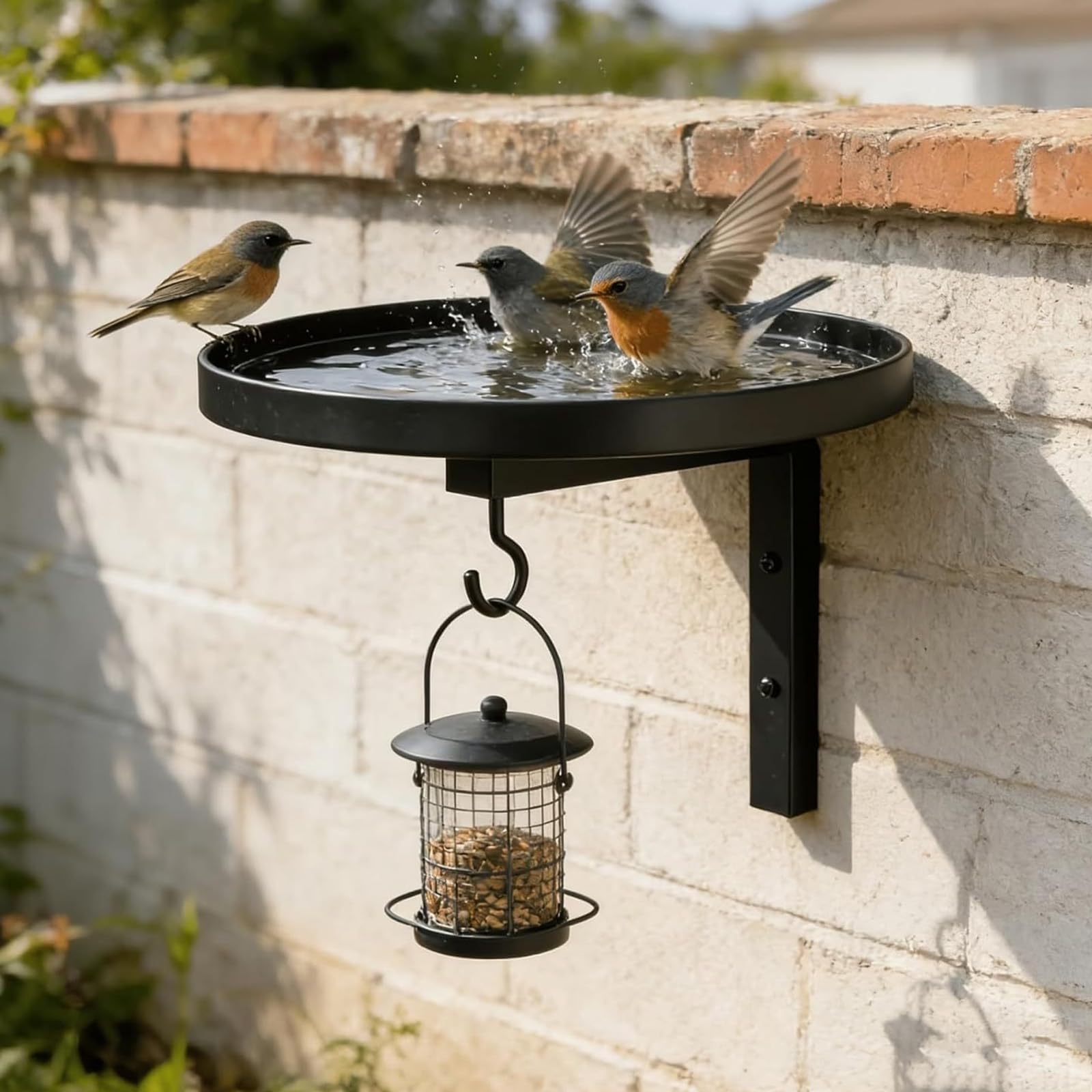 Vasca per il bagno degli uccelli in metallo montata a parete, vasca per gli uccelli montata a parete sull'albero nero, vassoio per mangiatoia sospeso da 7,9 pollici con staffa a gancio (2PCS)