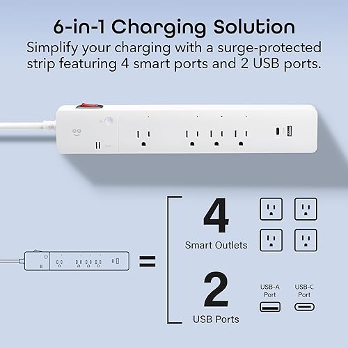 Miniatura 7 de Geeni Enchufe multitoma de corriente, enchufe inteligente de pared de 4 salidas más 2 puertos USB, protector de sobretensiones con cable de 6 pies,