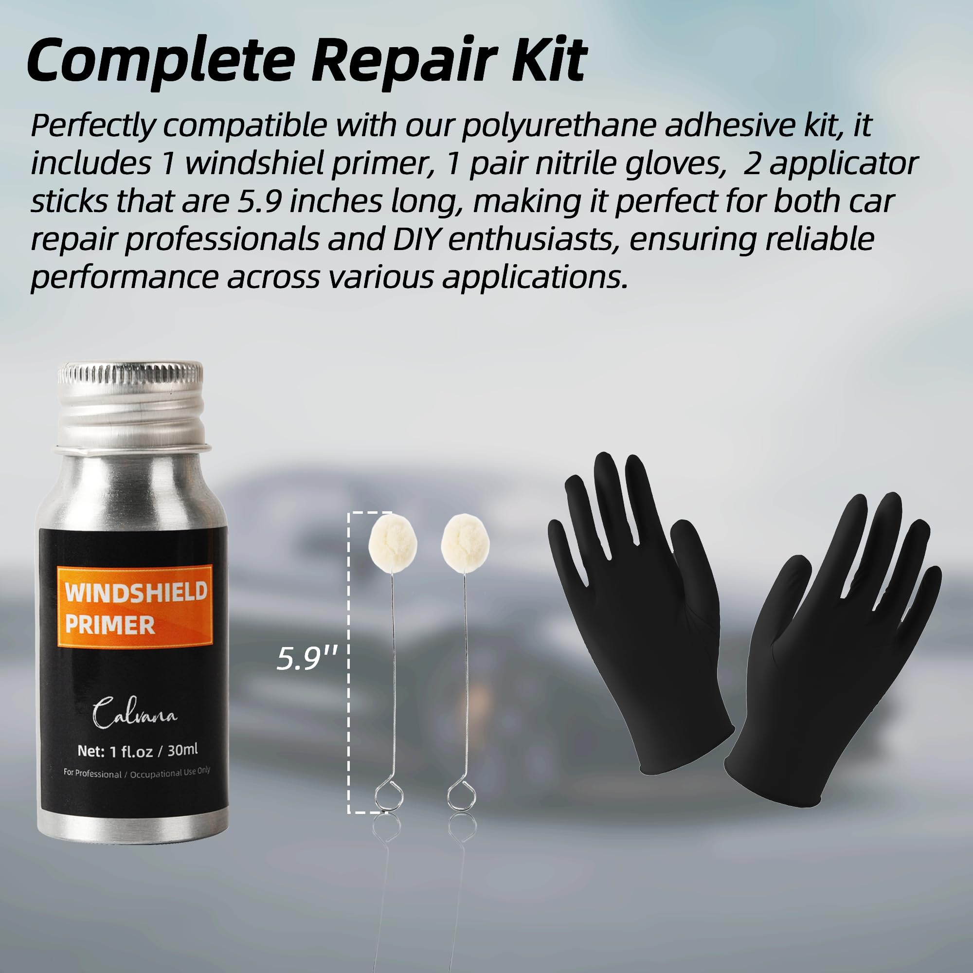 Calvana 1 fl.oz Windshield Primer, Urethane Primer for Automotive, Promotes Adhesion of Polyurethane Sealants, UV Resistant, Fast Drying, with 1 Pair Gloves, 2 Applicator Sticks, Black