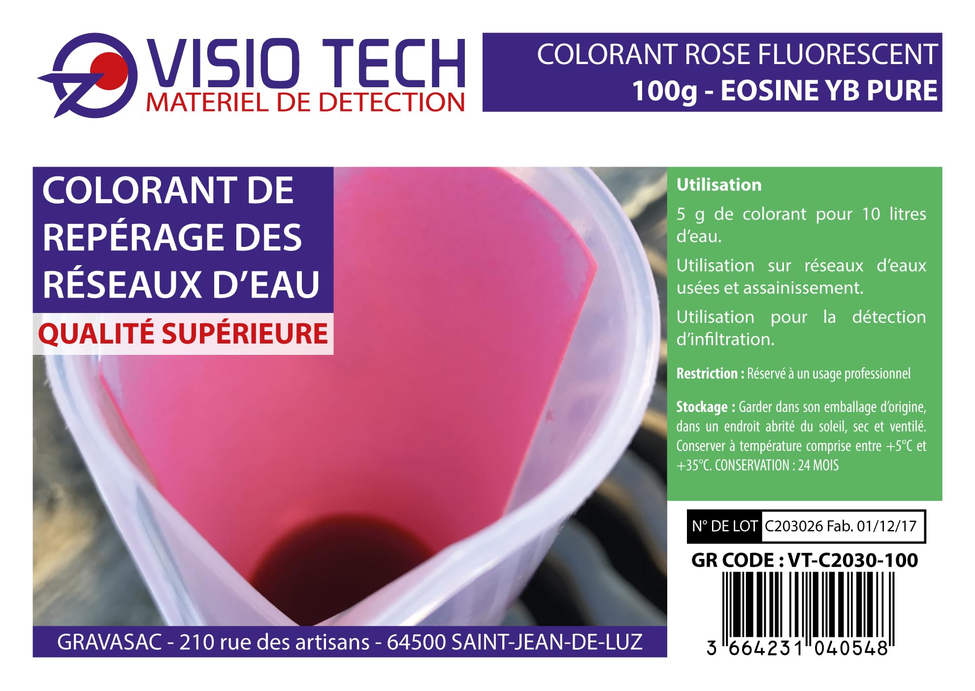Colorante de detección rosa fluorescente 100 g, polvo soluble en agua