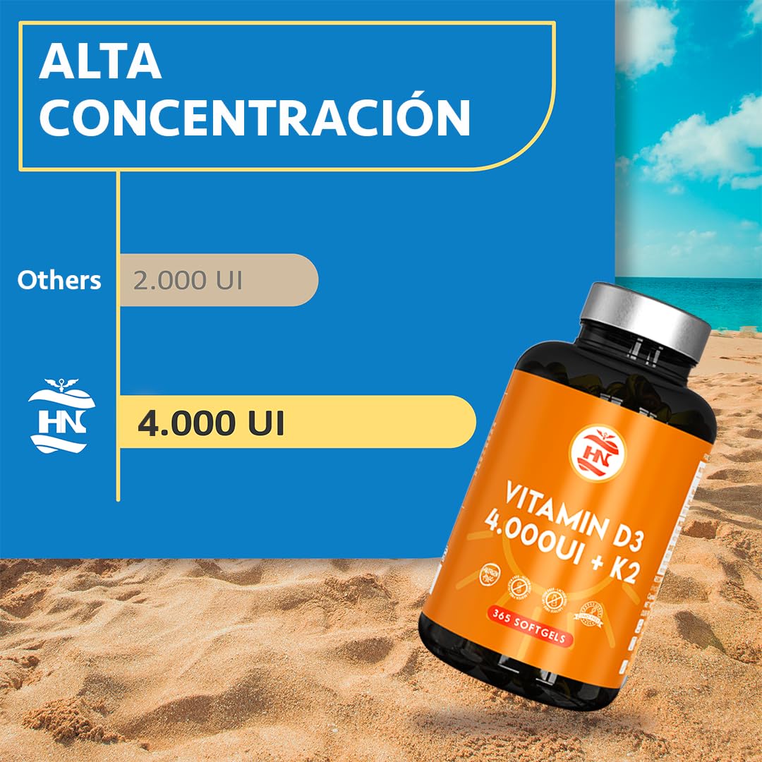 Vitamina D - 365 Cápsulas de vitamina D3 K2 – Vitamina D (4000 UI) altamente concentrada. Favorece la función inmunológica y ósea - 365 cápsulas
