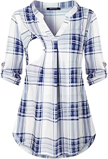 Quinee Nursing Tops for Breastfeeding Maternity 3/4 Rolled Sleeve Breastfeeding Shirts for Women, C White Blue Plaid, Small Price In India