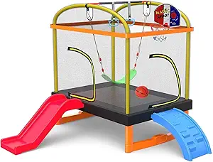 LANGXUN 6.5Ft 7-in-1 Rectangle Trampoline for Kids, with Climb, Slide, Swing, Basketball Hoop, Multi-Functional Indoor Outdoor Baby Toddler Mini Trampoline for Girls and Boys Birthday Gift, Age 1-10