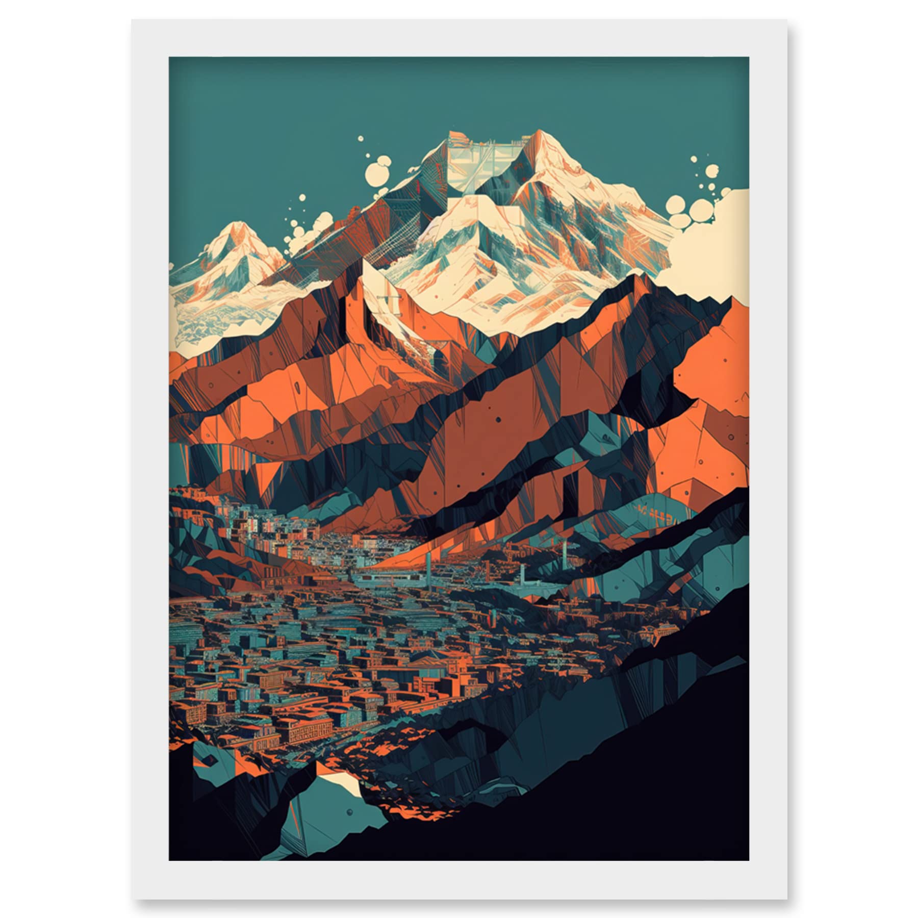 Artery8 Modern City Surrounded by Tall Mountains Landscape Artwork Framed Wall Art Print A4