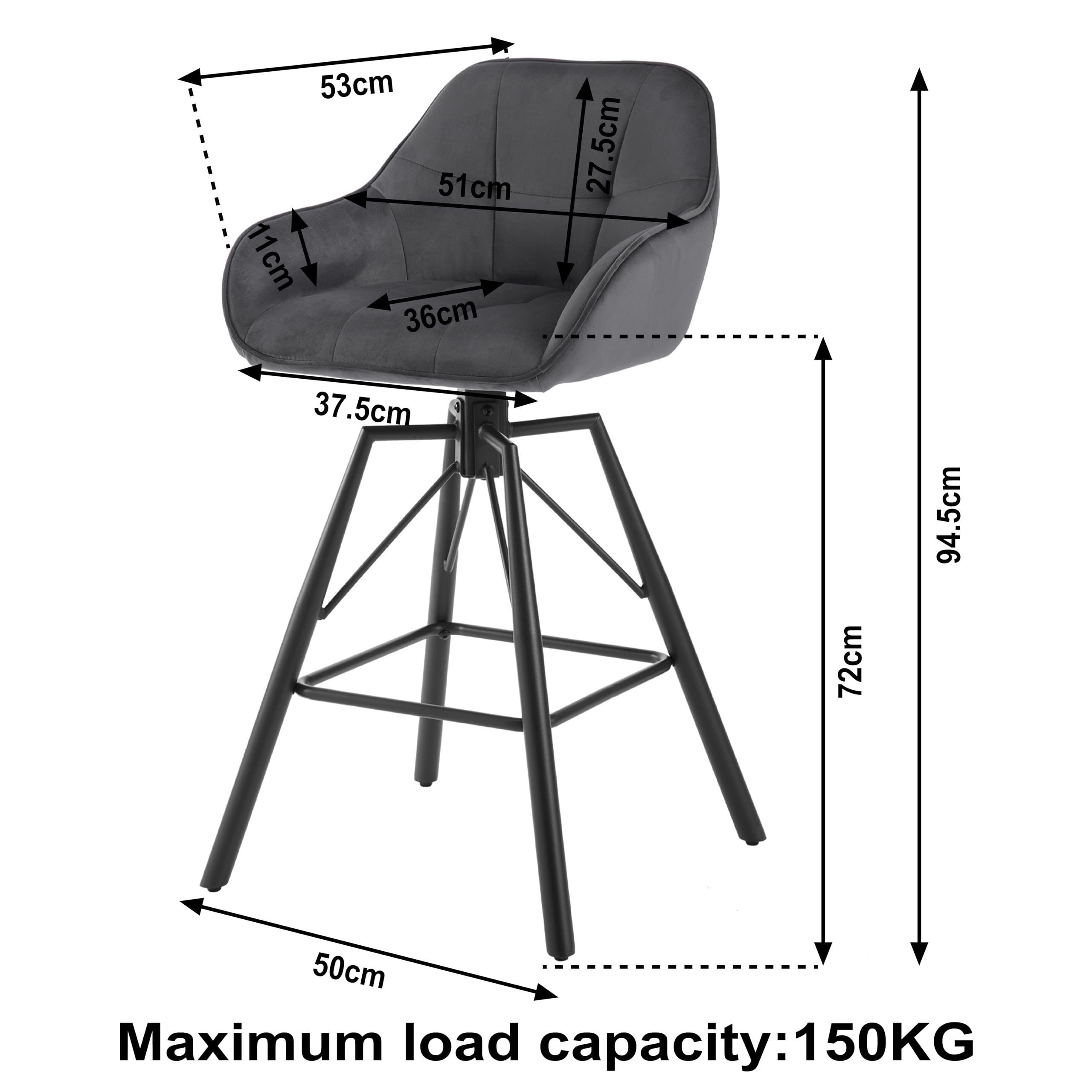 WOLTU Barhocker 2er Set, 360°drehbar Barstuhl Bistrohocker mit Rückenlehne Tresenhocker mit Lehne Fußstütze 4 Beinen, drehbar, gepolstert, Samt Metall, Dunkelgrau, BH397dgr-2