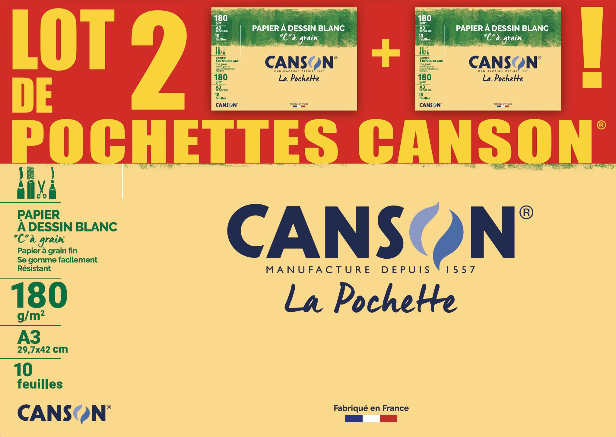 CANSON C à Grain A3 Drawing Paper 180gsm Pack of 2 Pockets 10 Sheets White