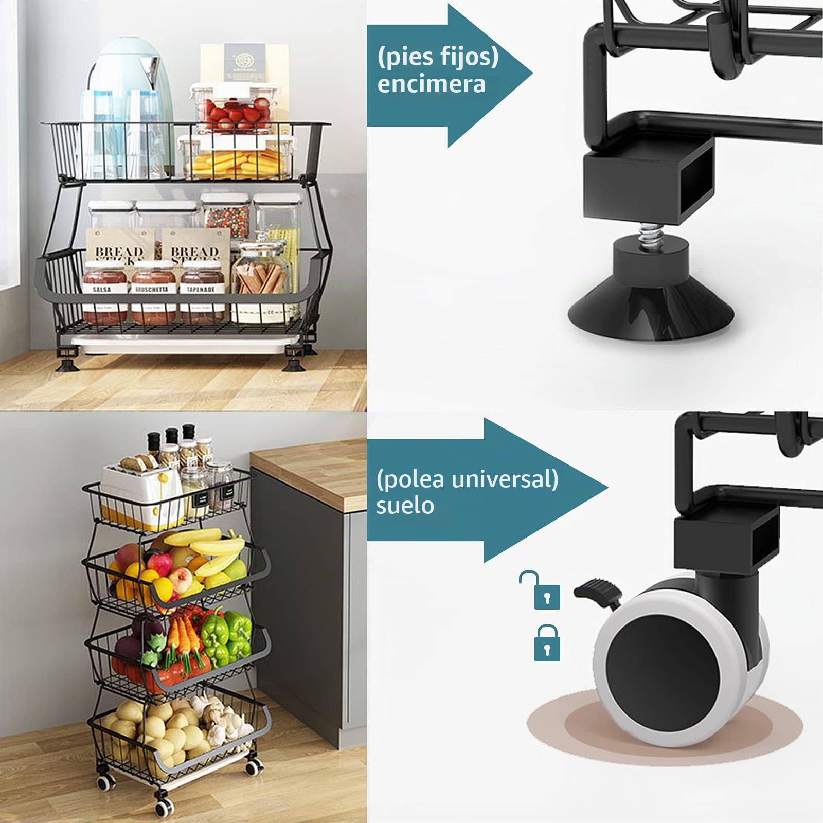 Cestas de Alambre de Metal con Ruedas, contenedores de Almacenamiento apilables, Estante Organizador de Cocina, 3-4-5-6 Niveles, Carrito de Frutas y Verduras, Platos, estantes de Temporada