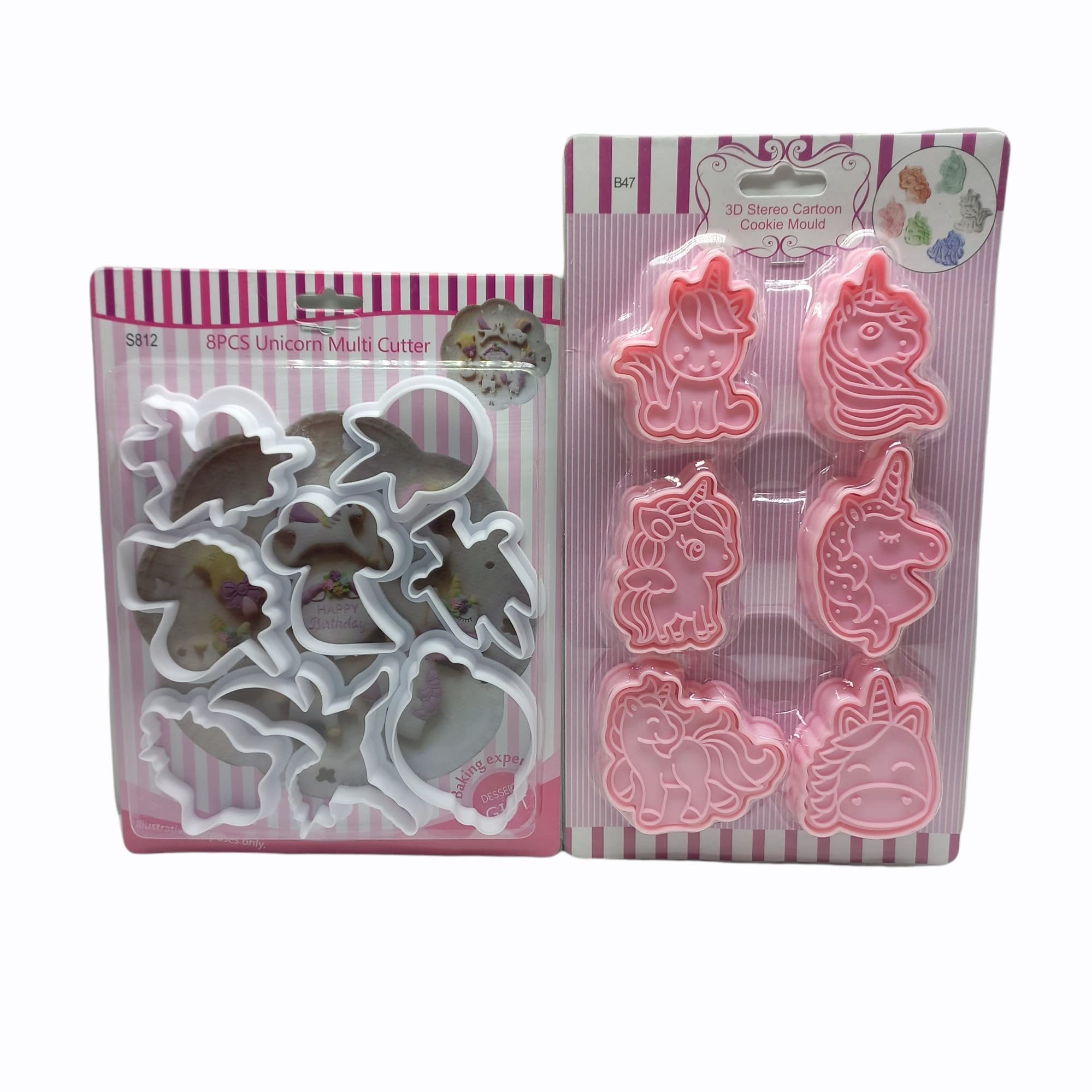 Bake Bully® 8 Pcs Multiple Unicorns Plastic & 3D Cartoon Cookie Mould, Pink Color, 6 Pcs Cookie Stamps Cookie Cutter Mould Decorating Tools, Set of 2.