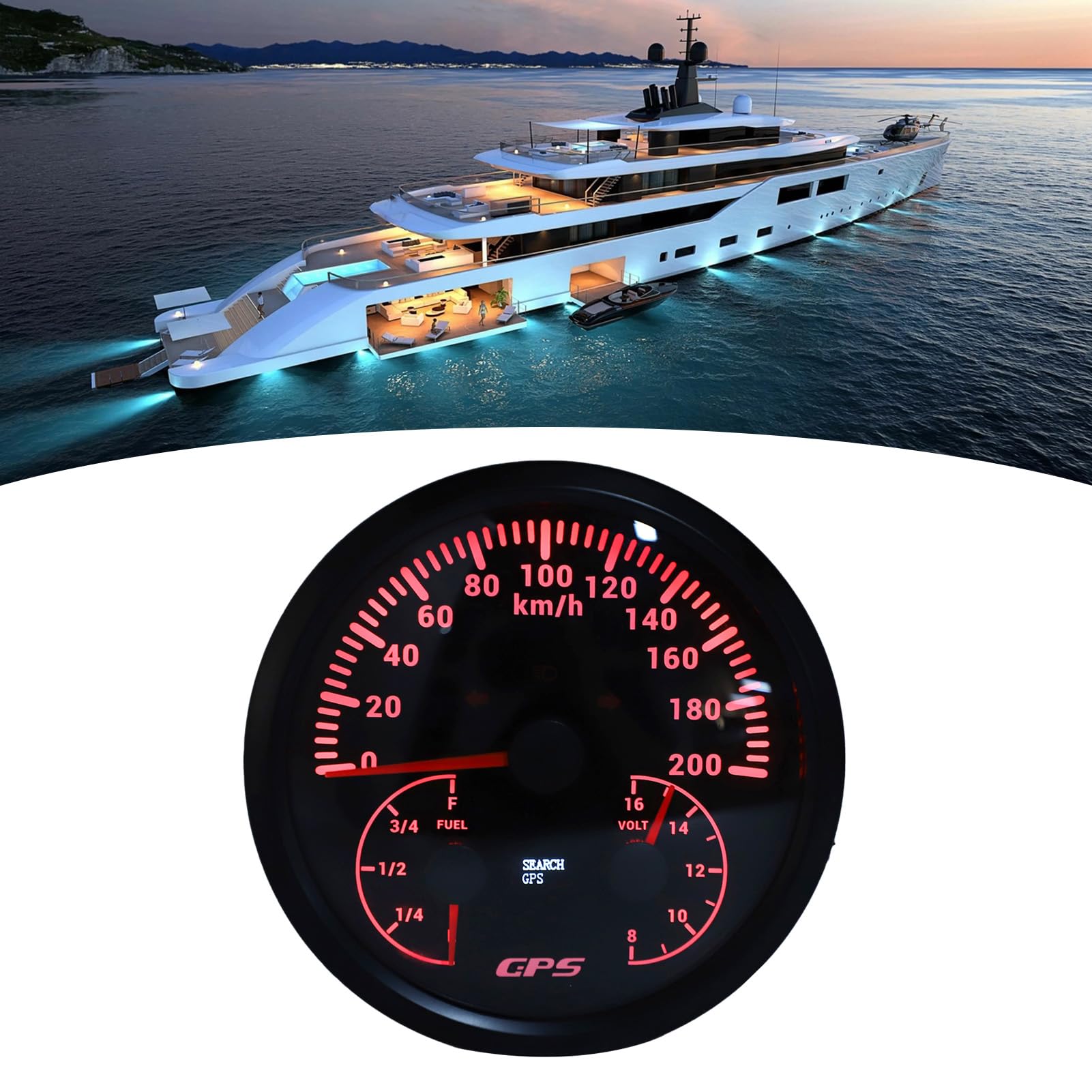 Fabater Marine 110mm Prędkościomierz GPS Wskaźnik Poziomu Paliwa Kierunkowskaz, Urządzenie Wielofunkcyjne 3 w 1 do Ciężarówki RV Yacht, 1 X Wiązka Przewodów w Zestawie (Czarna tarcza i czarna ramka