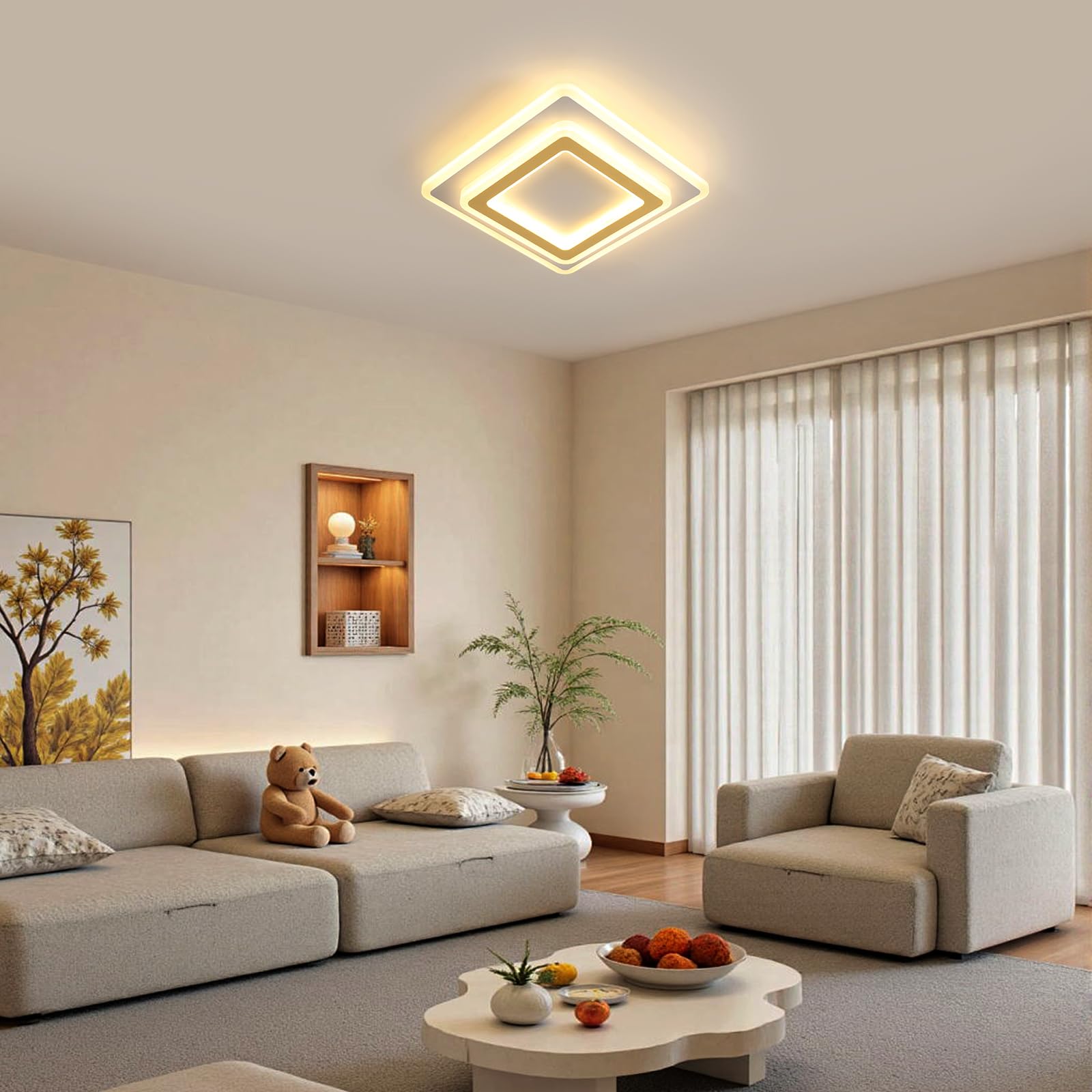 Goeco Plafoniera LED Soffitto Moderna Oro, 44W Lampada da soffitto Quadrata, 3000K Bianca Caldo Plafoniera in Acrilico per Soggiorno, Camera da Letto, Cucina, Corridoio, 29CM