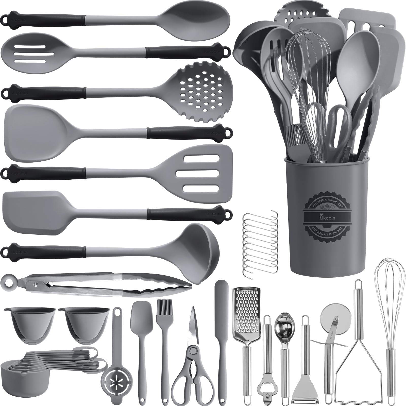 Kikcoin 43Pcs Large Kitchen Utensils Set - Silicone Cooking Utensils Set, Dishwasher Safe Spatula Set for Non-stick Cookware, 446°F Heat Resistant Kitchen Utensils Set with Holder BPA Free, Grey