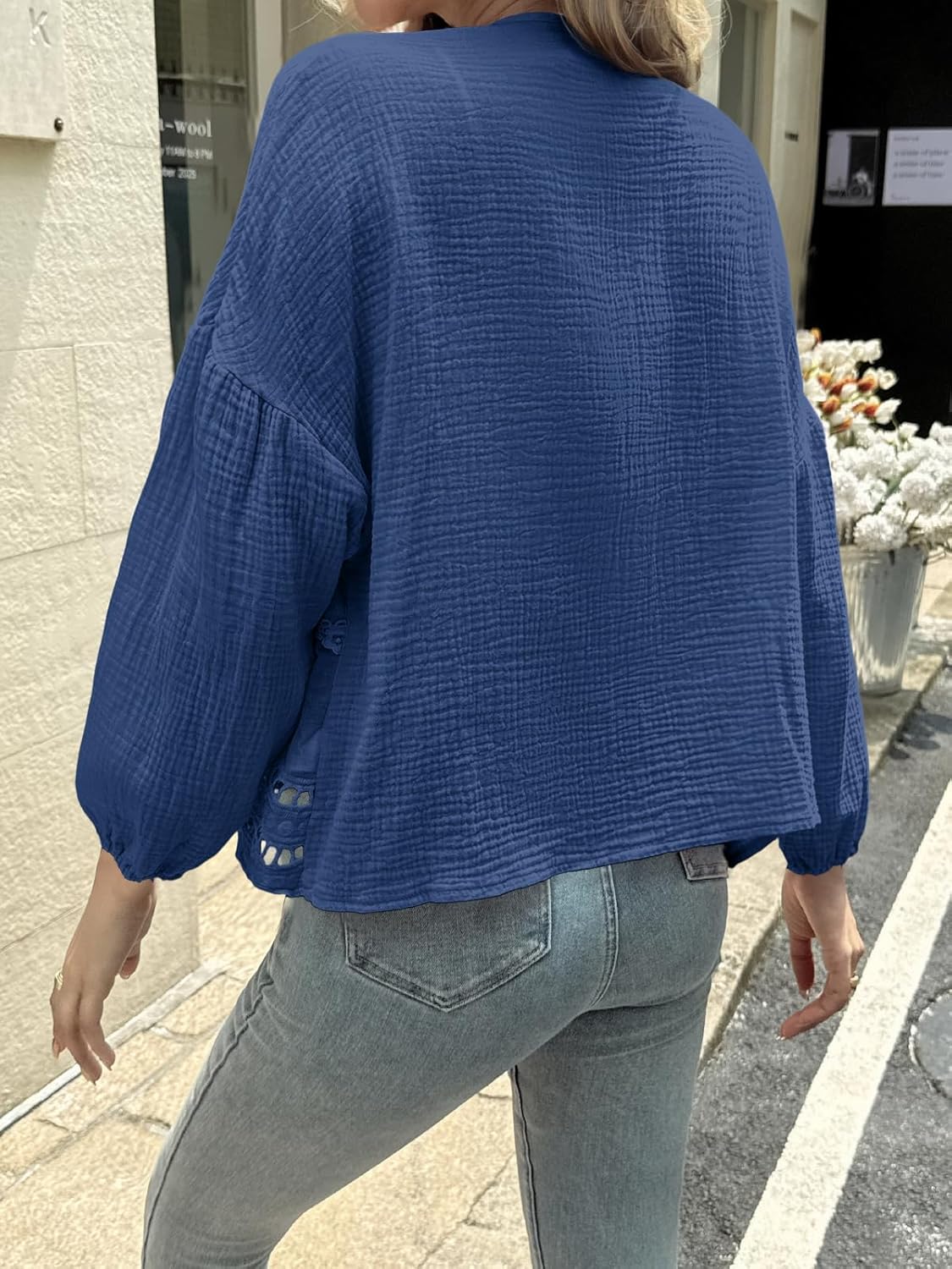 Tankaneo Womens Deep V Neck Tie Front Blouse Cotton Long Puff Sleeve Eyelet Tops Cute Lace Trim Flowy Ruffle Shirts - Image 3